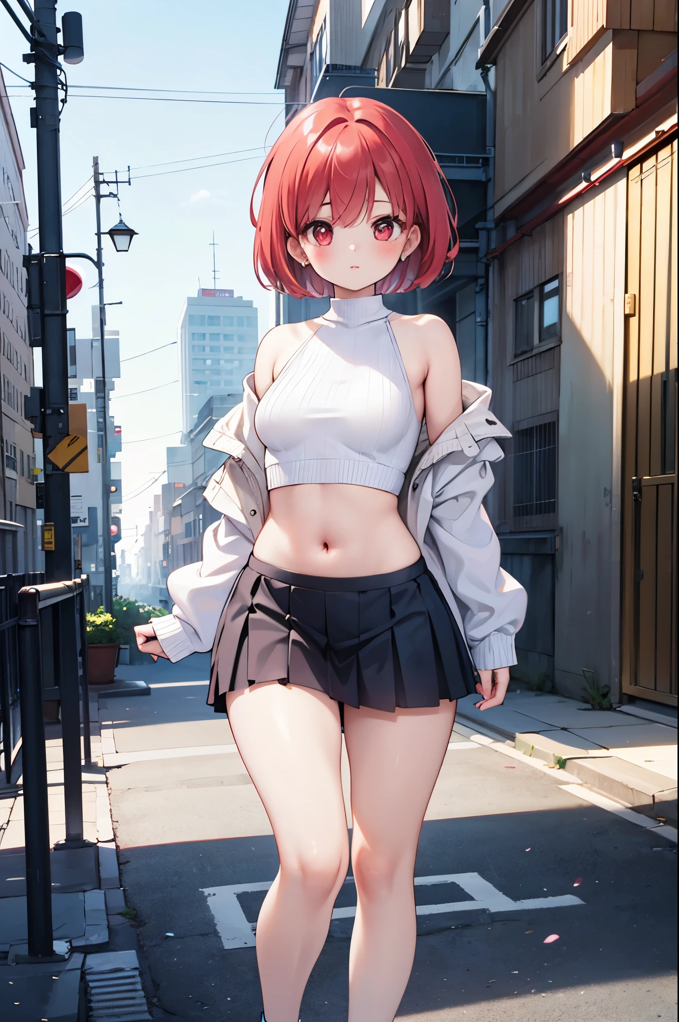 realistic image, coherent image, detailed image, 1 beautiful girl, has red hair, short silky hair, long eyelashes. Red eyes. Her face is oval and delicate. She is wearing an off-the-shoulder sweater, showing off her navel, a pleated mini skirt, and sneakers. She has a curvy body, small breasts, thick thighs, urban background, surrounded by buildings, volumetric lighting, natural lighting