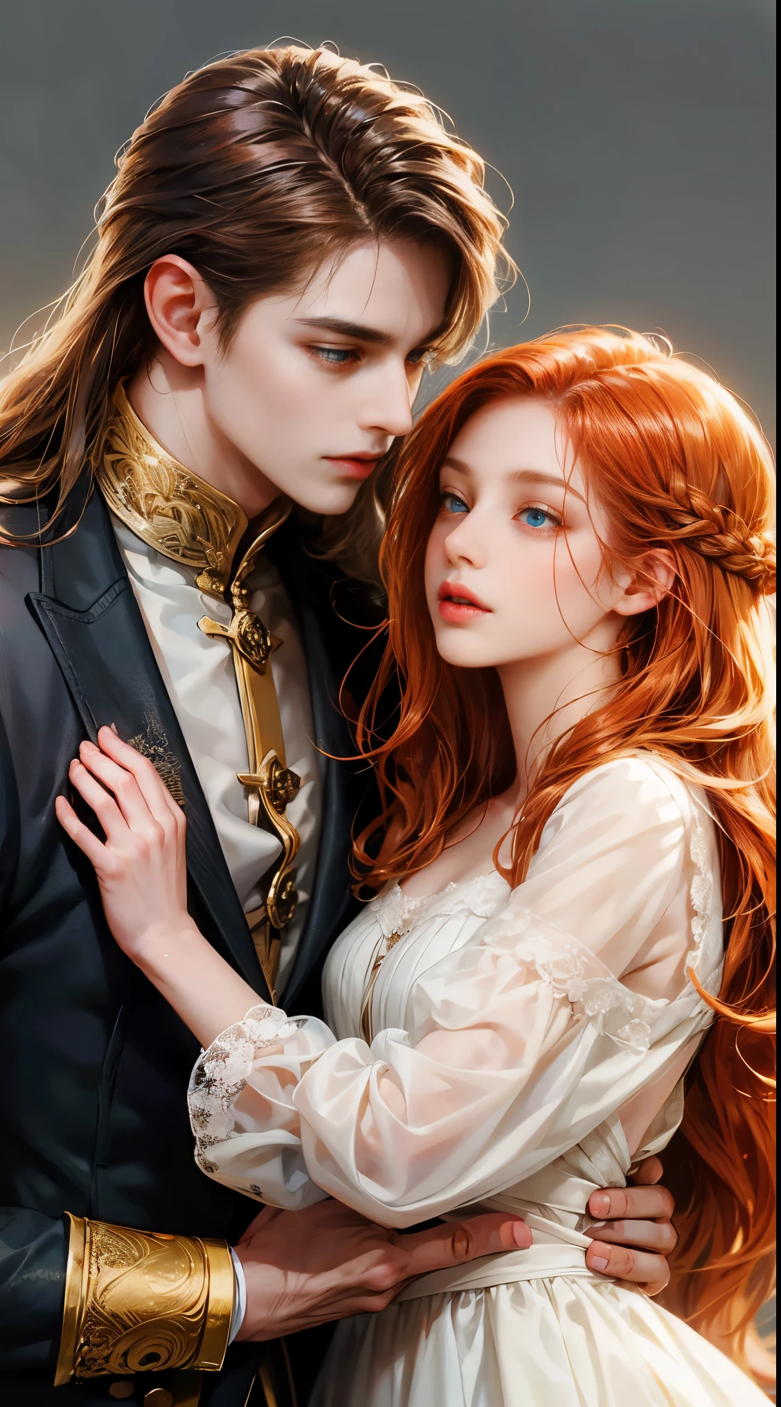 Couple, handsome, young man, short brown hair, well-defined beard, hugging an equally young woman, beautiful red hair, stuck in the shape of a bun, couple posing in bed, blushing, shy, loving, cherishing, panting, heartbeat, (legs apart: 1.4), (hips: 1.9), close to hips, sitting, from below, front view