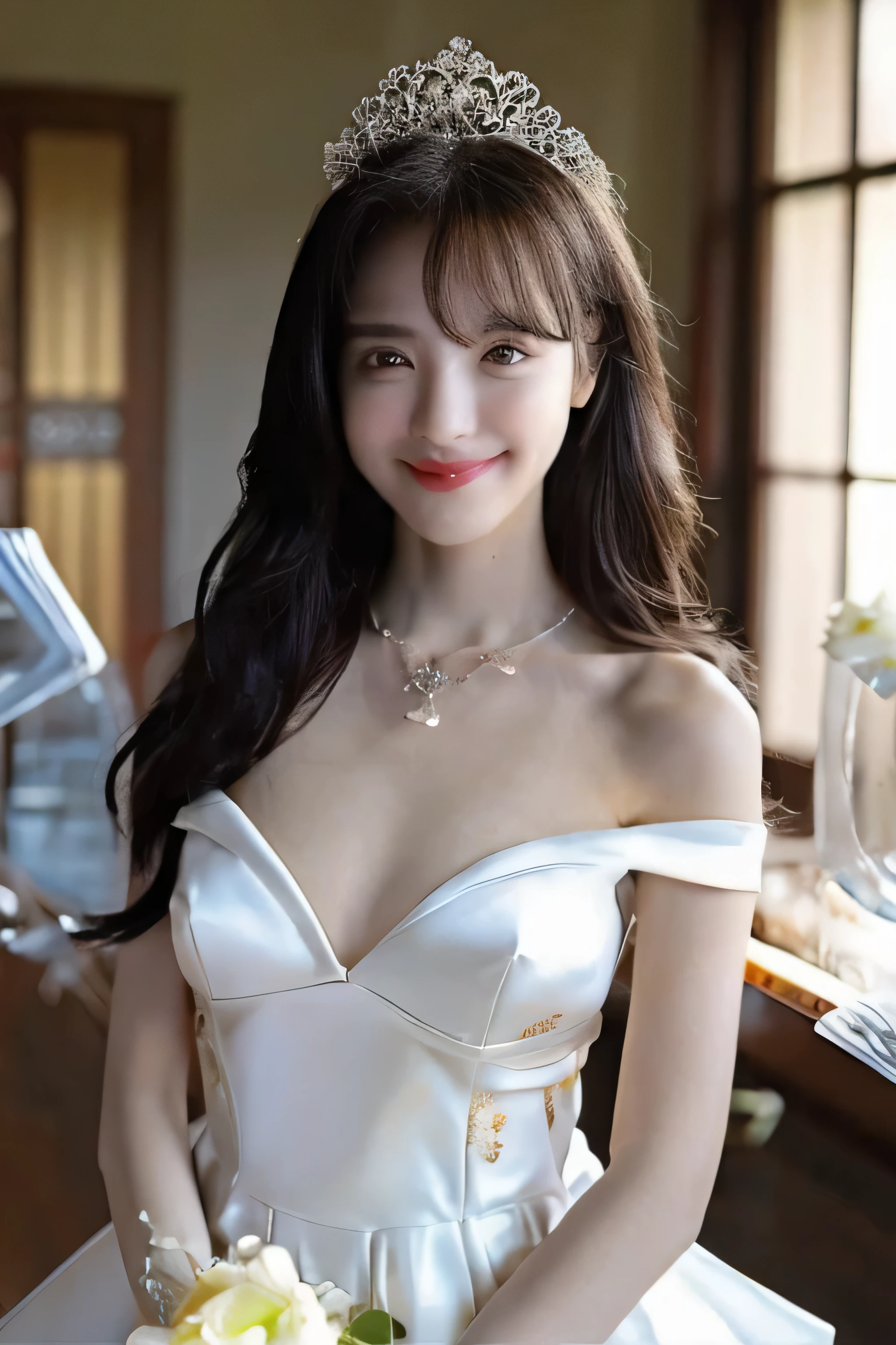 ((highest quality)), ((masterpiece)), (become familiar with), perfect face、8k、real photos、ultra high resolution, master parts, highest quality, ticker , cinematic images,nice girl、Ann、、Annグロサクソン人、eyes are purple、double eyelid、very垂れ目、(very, very大きな瞳:1.9)、dark eyeshadow、very薄い唇、The tip of your nose grows beautifully..、nose tip is small,,,,, very detailed ,silver hair、straight hair、very smiling、 sweet expression 、very beautiful woman、long legs、big breasts、 very clear shadows , jewelry , fine eyes, shiny skin , パーフェクトブリリAnnト, perfect sentence, dramatic shadow 、She wears a white see-through dress、Gold embroidery throughout the dress、white high heels、white tiara on head、gold necklace、angel wings on the back、holding a bouquet of flowers in both hands