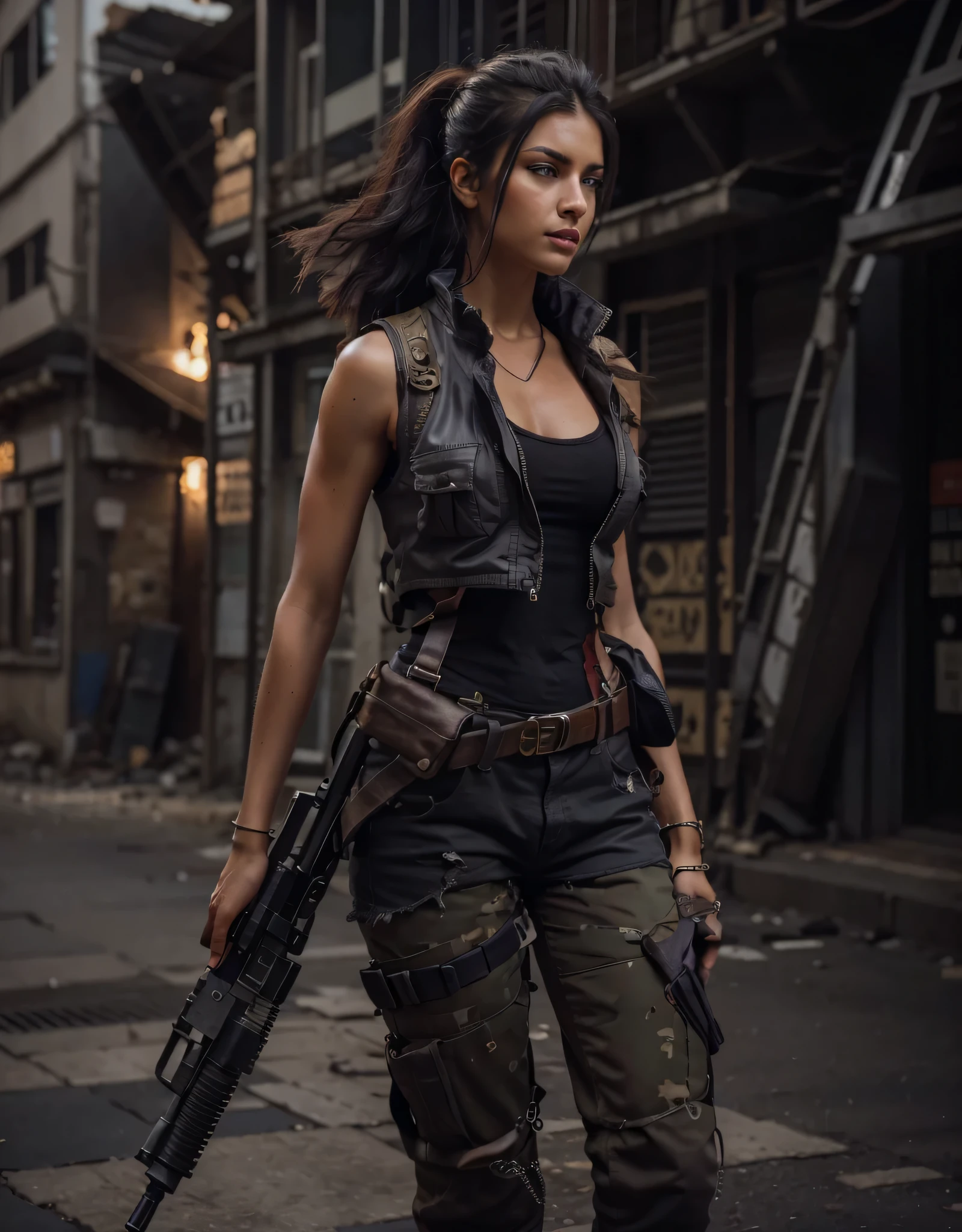 hermoso sniper woman, Cara rumana mediana, ojos azules, labios gruesos, pelo negro muy corto, peinado de estilo militar con los lados afeitados, piel bronceada, cuerpo musculoso, brazos musculosos, robotic hands, Abdominales trabajados, camiseta sin mangas morada con escote ancho, chaqueta sin mangas, color gris corto, Soviet style gray leather military pants with purple detail., botas militares, arneses y cinturones con municiones, he holds a submachine gun, It's in a completely destroyed Middle Eastern city..., Una noche brillante de una ciudad de Medio Oriente completamente destruida, Fuego y mucho humo., ultra Realista, ultra detallado, hyper Realista, 4k, ultra detallado image, Realista, muy detallado, perfect composition, hermoso, intrincadamente detallado, incredibly detailed, fine 8k art photography , hiper detallado, ultra Realista Obra maestra, ultra detallado, hyper Realista, 4k, ultra detallado image, Realista, muy detallado, perfect composition, hermoso, intrincadamente detallado, incredibly detailed, 8k art photography, hiper detallado, Obra maestra
