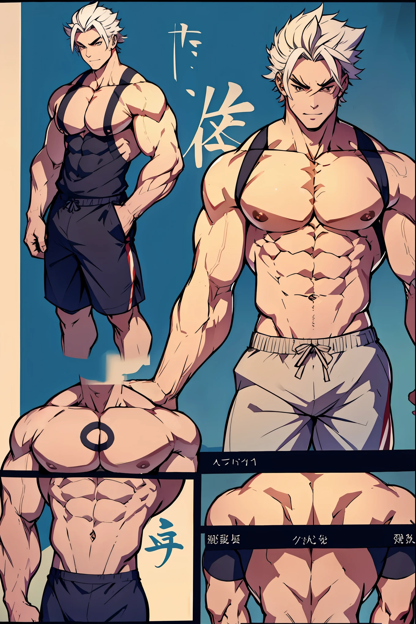 character sheet style, the character is an adult man, Arataki Itto, Yuji Itadori face, muscular, White hair, with boxer shorts, character sheet, 