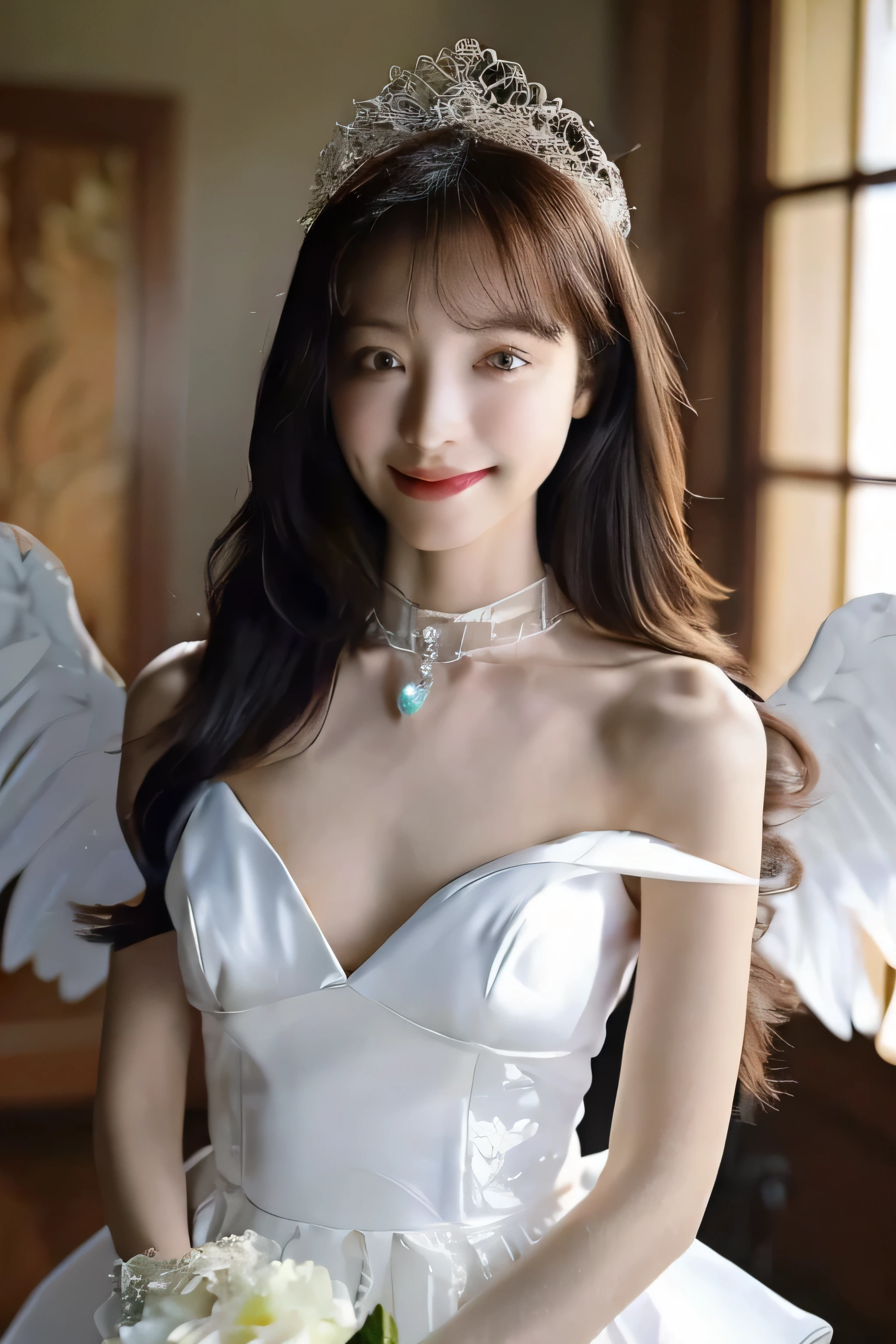 ((highest quality)), ((masterpiece)), (become familiar with), perfect face、8k、real photos、ultra high resolution, master parts, highest quality, ticker , cinematic images,nice girl、Ann、16 years old、Annグロサクソン人、eyes are purple、double eyelid、very垂れ目、（very, very大きな瞳：1.9）、dark eyeshadow、very薄い唇、The tip of your nose grows beautifully..、nose tip is small,,,,, very detailed ,silver hair、straight hair、very smiling、 sweet expression 、very beautiful woman、long legs、big breasts、 very clear shadows , jewelry , fine eyes,  shiny skin , パーフェクトブリリAnnト, perfect sentence, dramatic shadow 、She wears a white see-through dress、Gold embroidery throughout the dress、white high heels、white tiara on head、gold necklace、angel wings on the back、holding a bouquet of flowers in both hands