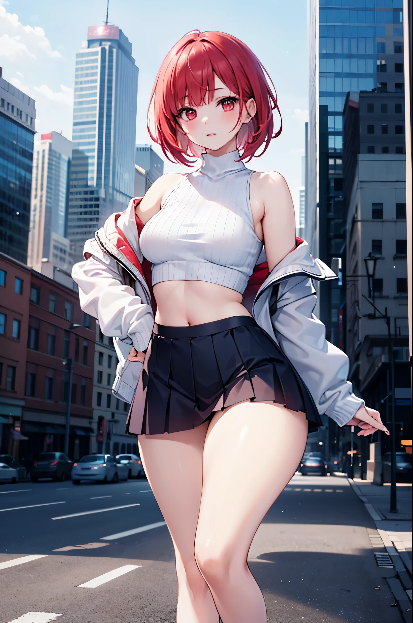 realistic image, coherent image, detailed image, 1 beautiful girl, has red hair, short silky hair, long eyelashes. Red eyes. Her face is oval and delicate. She is wearing an off-the-shoulder sweater, showing off her navel, a pleated mini skirt, and sneakers. She has a curvy body, small breasts, thick thighs, urban background, surrounded by buildings, volumetric lighting, natural lighting