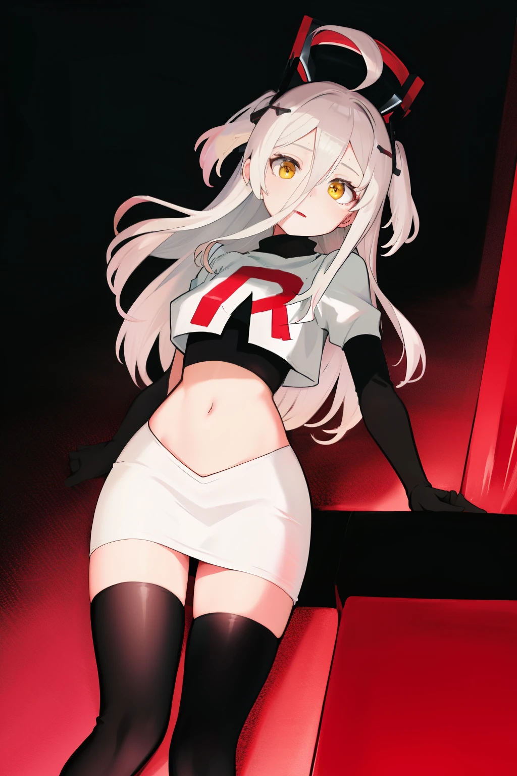 masterpiece:1.2,best quality:1.2, incredibly absurdres, absurdres, highres, wallpaper, colorful, anime,
1girl, solo, vampire \(azur lane\), , white hair, long hair, twintails, red eyes, team rocket,team rocket uniform,white skirt,red letter R,crop top,black thigh-highs,black elbow gloves