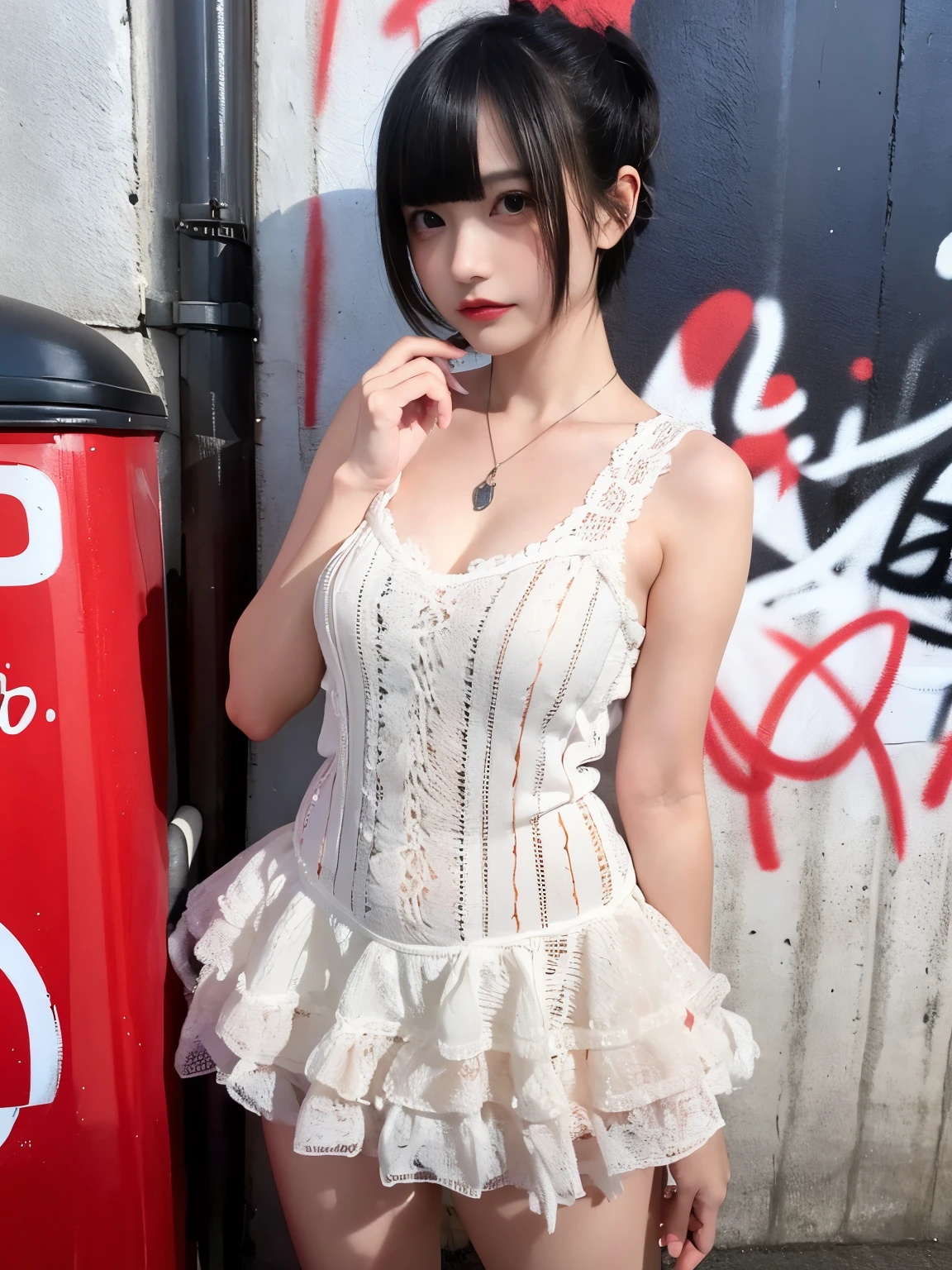 raw photo, 8k, (top-quality), Realistic, (real picture, Intricate details), (natural skin texture, detailed skin, hyper realism, sharpness), (Japanese teenage girl standing in a dirty back alley at night, folding arms, graffitied wall:1.3), ((white hand-knitted dress, v-neck hand-knitted dress)), (pale skin:1.2), slender body, ((shorthair, blunt bangs)), (seductive face, provocative look, Parted lips:1.3, eye shadow, eyeliner, tear bag, red lipstick), thigh, graffiti:1.5, trash can, night time, spot lighting:1.3