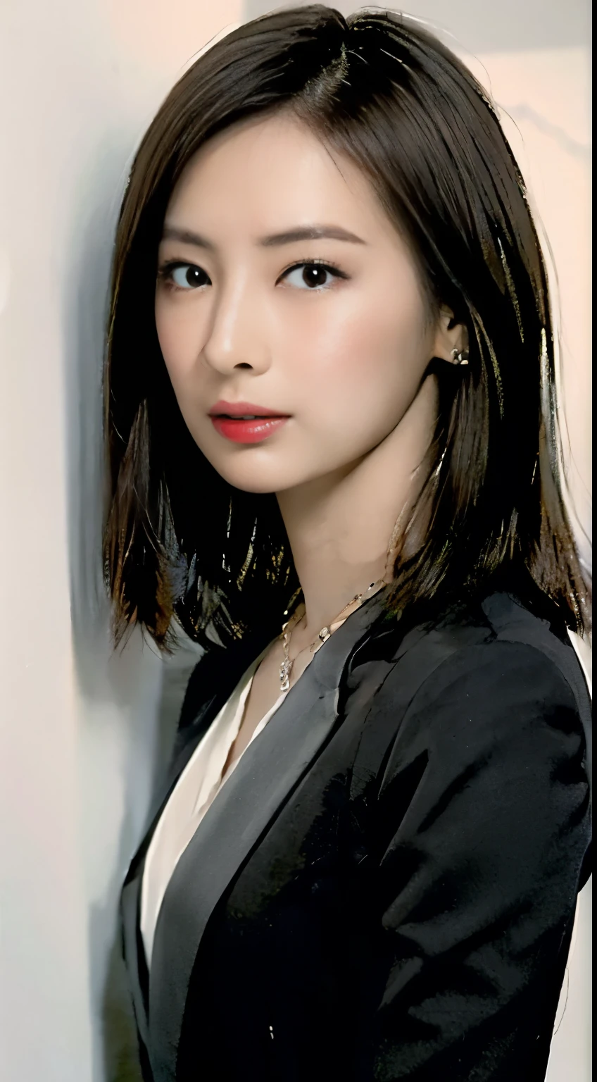 dark and gloomy, 8k, Close-up of a 30 year old brunette Brazilian businessman on dark background at night, (Real dark brown hair is straight、there are waves of light) , compensate, red lips, brown eyes, (wearing a black Chanel tailored blazer, black silk blouse and black straight pants), look confident, surreal, {A girl with very beautiful olive skin},  (highly detailed skin: 1.2) {{{masterpiece}}}, realistic texture, dynamic composition, Fujifilm XT2, 85mm F1.2, shutter speed 1/80, (Bokeh), high contrast、
