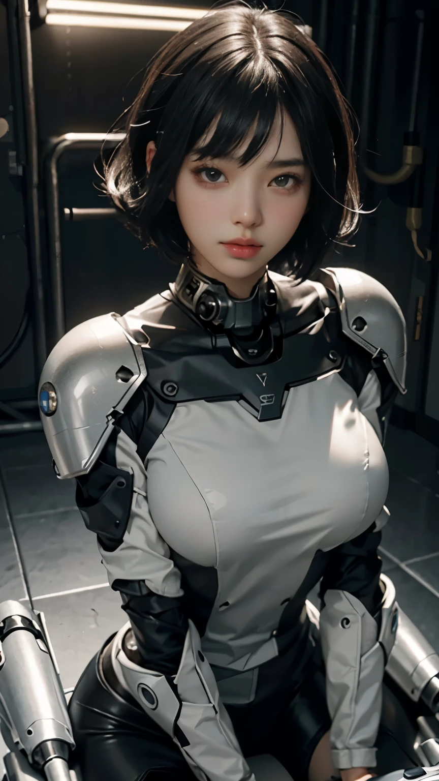 Highest image quality, outstanding details, ultra-high resolution, (realism: 1.4), the best illustration, favor details, highly condensed 1girl, with a delicate and beautiful face, dressed in a black and silver mecha, wearing a mecha helmet, holding a directional controller, riding on a motorcycle, the background is a high-tech lighting scene of the future city. cool beauty,tall girl,short cut hair, black hair,Precisely expresses details such as face and skin texture,beautiful eye,double eyelid,delicate skin,slender body shape,alone,big breast