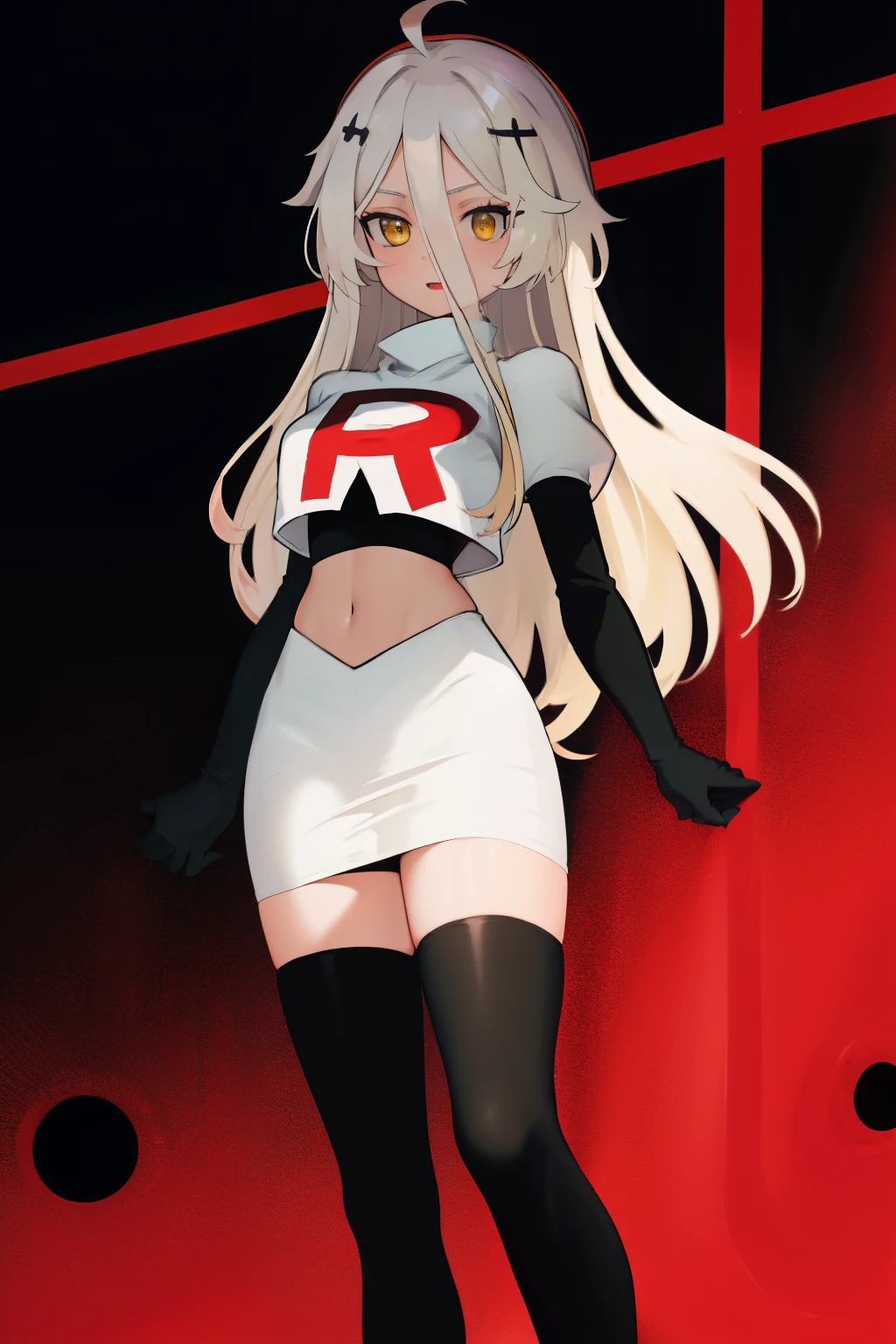 (absurdres, absurd resolution, highres, high resolution, best quality, masterpiece:1.1)
(solo, 1girl)
henya the genius, vshojo, yellow eyes,team rocket,team rocket uniform, red letter R, white skirt,white crop top,black thigh-highs,black elbow gloves