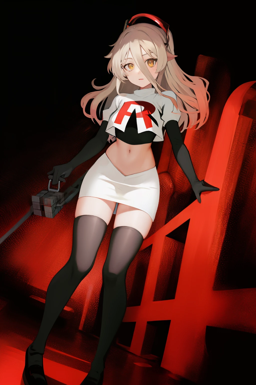 (absurdres, absurd resolution, highres, high resolution, best quality, masterpiece:1.1)
(solo, 1girl)
henya the genius, vshojo, yellow eyes,team rocket,team rocket uniform, red letter R, white skirt,white crop top,black thigh-highs,black elbow gloves