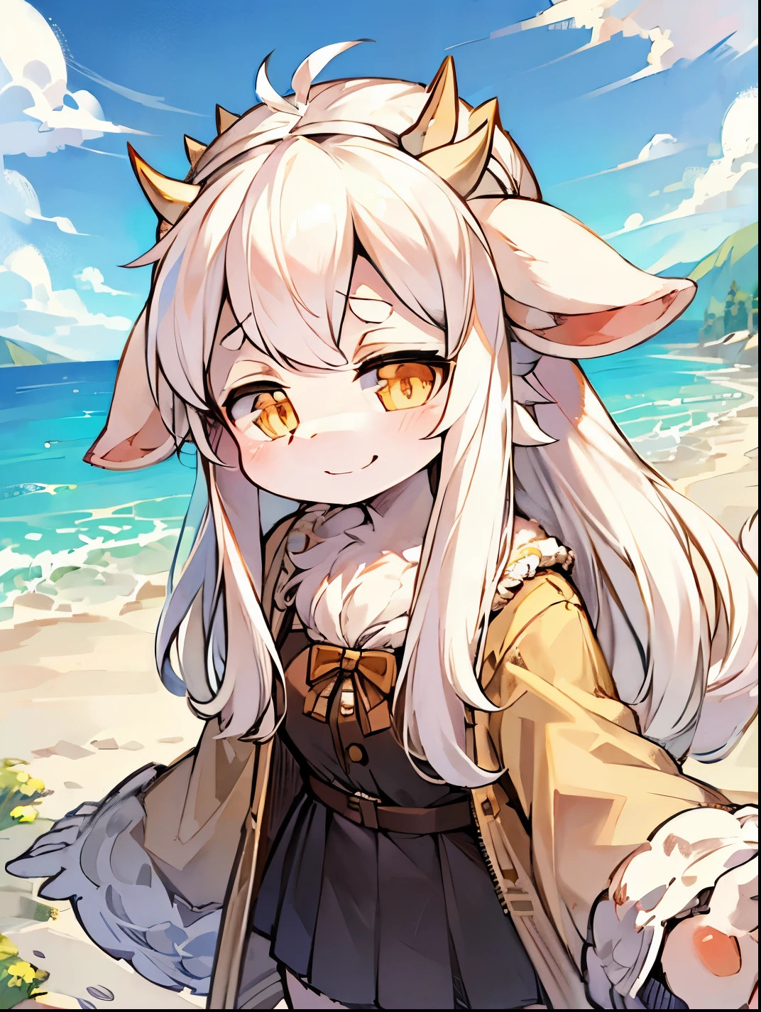 Panoramic outdoor views,Goat Girl,female focus,hairy woman,Furry loli,goat horns,sheep ears,white hair,Bright Eyes,Smile,