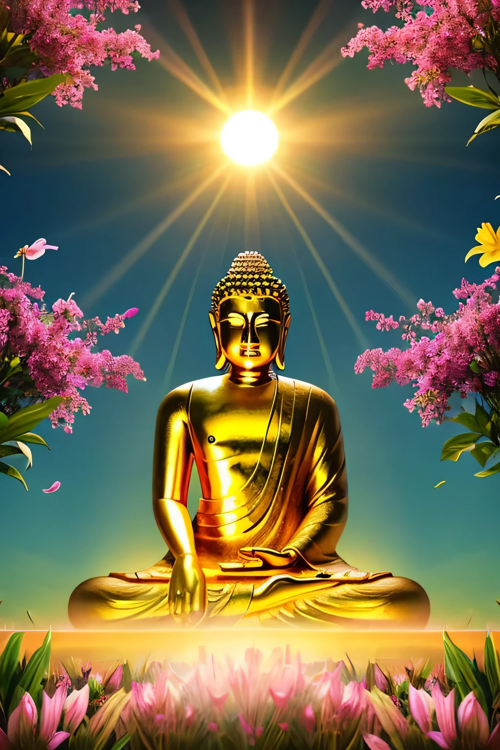 Buddha statue　Buddha　looking here　bright background　halo is shining　upper body only　hold hands　facing forward　realistic illustration　The entire screen is surrounded by flowers