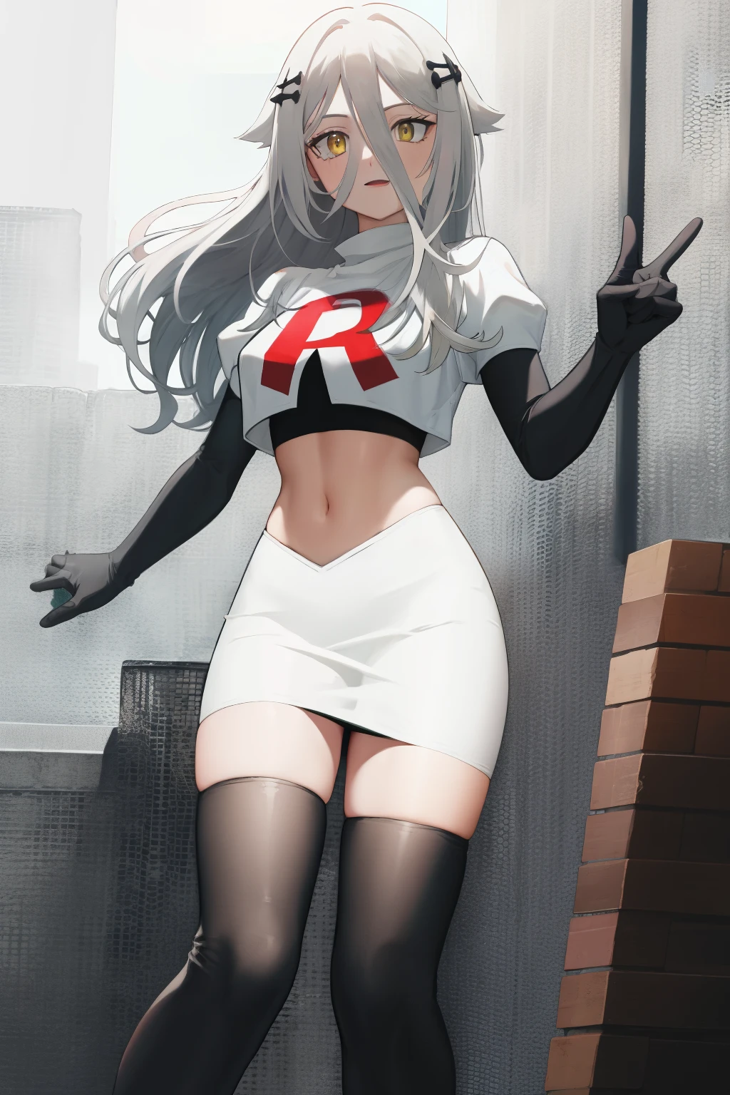 (absurdres, absurd resolution, highres, high resolution, best quality, masterpiece:1.1)
(solo, 1girl)
henya the genius, vshojo, yellow eyes,team rocket,team rocket uniform, red letter R, white skirt,white crop top,black thigh-highs,black elbow gloves