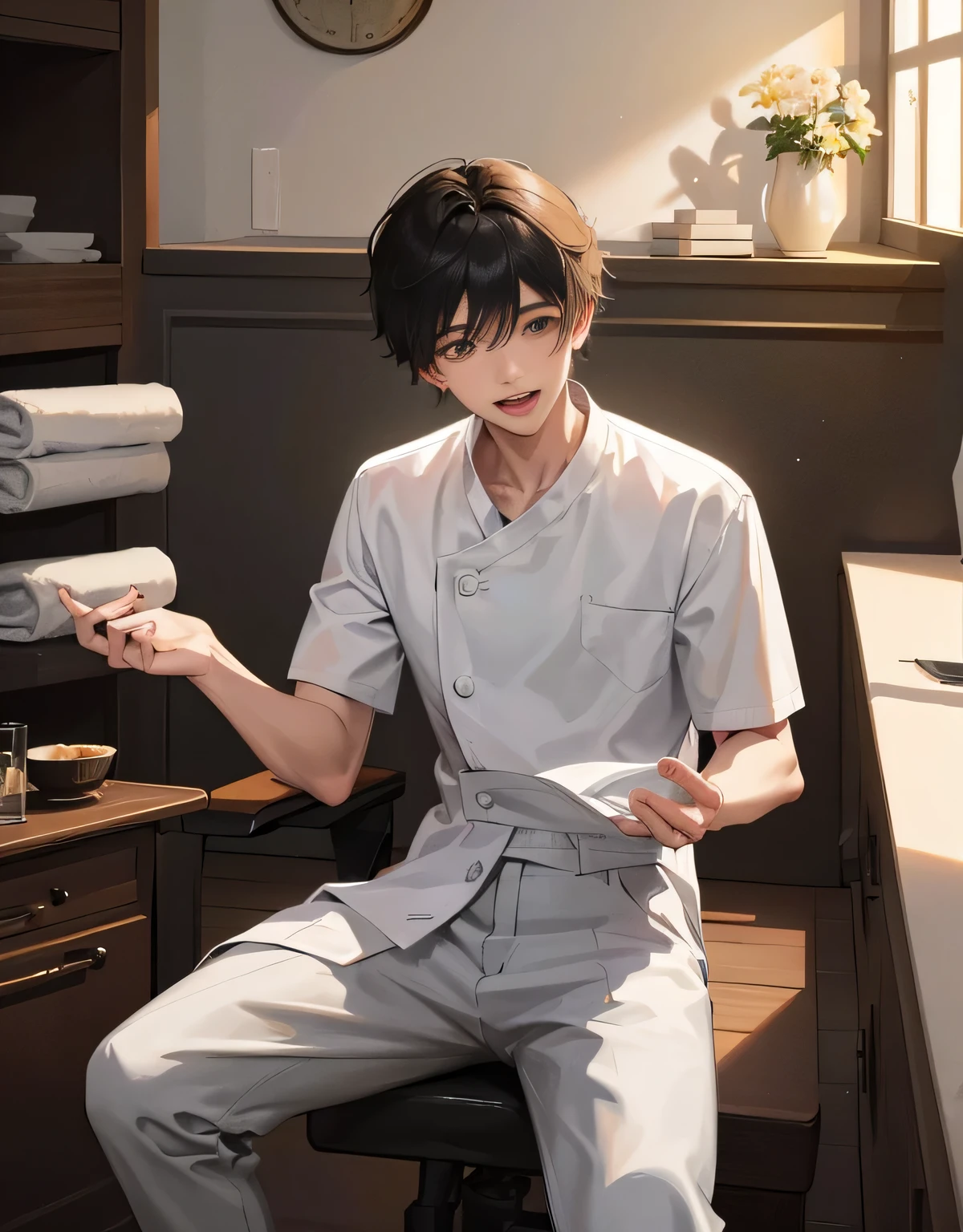 A boy in his 20s，Wear white casual clothes，short black hair，laughter，Massage room interior，Chess Saint，masterpiece，8k wallpaper，CG，Ultra high quality，Light and shadow effects