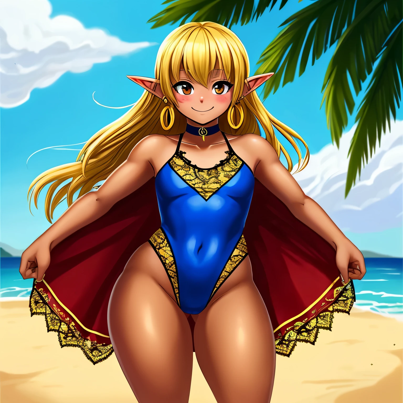 1girl, (((solo))), (((elf))), ((anime)), (()), (((any length hair, golden hair))), (((dark-skinned, dark brown skin complexion))), (((flat chest))), ((short)), (((thicc))), (((barefoot))), ((wide hips)), huge thighs, (((big butt, really big wobbly buttocks))), ((((yellow lace one-piece swimsuit)))), (((earrings))), (((choker))), beach, (((blush))), smile, (((mischievous))), (((droopy eyelids))), (((standing)))