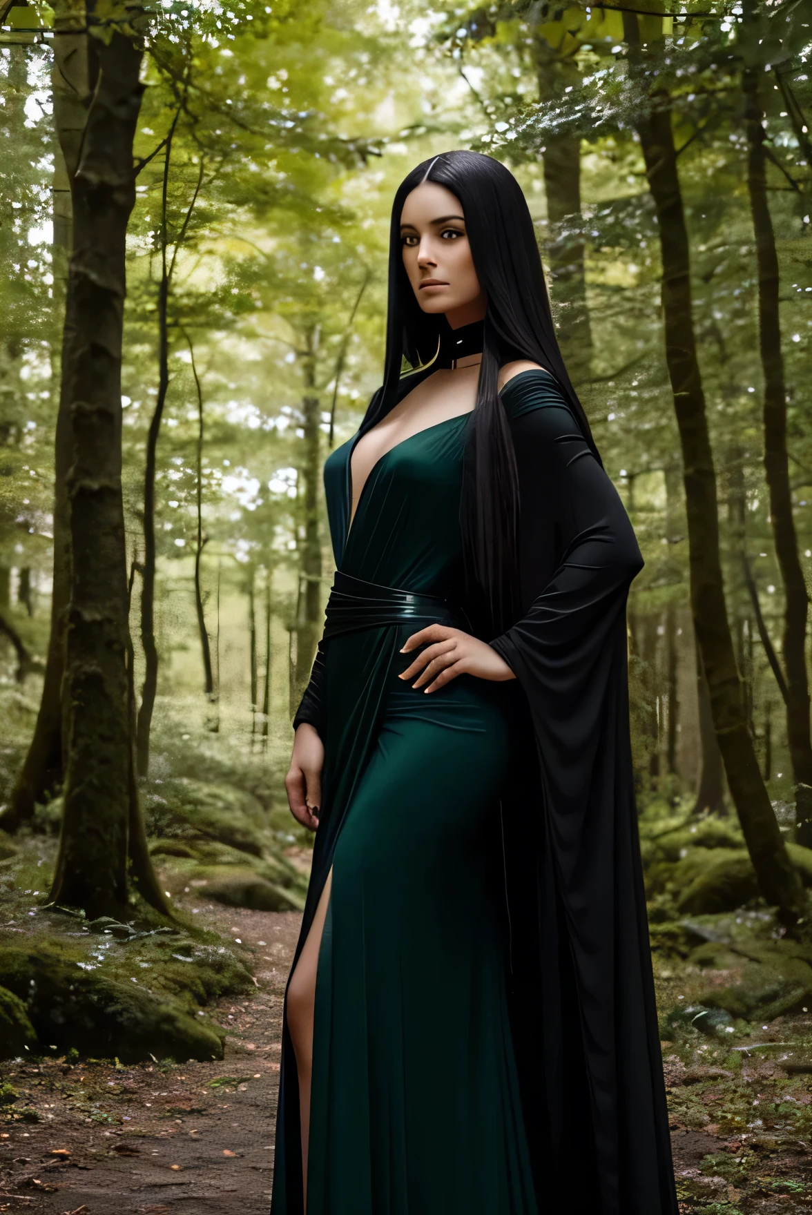 Goddess Mórrígan is a stunning woman in her early thirties, with long, flowing black hair that cascades down her back. Her eyes are a deep, mesmerizing green that seem to change color with her mood. She stands at an imposing 6'5" tall, possessing an incredibly slender yet powerful frame. Her skin is pale and smooth, almost ethereal in its appearance. Wearing a black gown with green accents, in a Celtic forest. Facing forward.