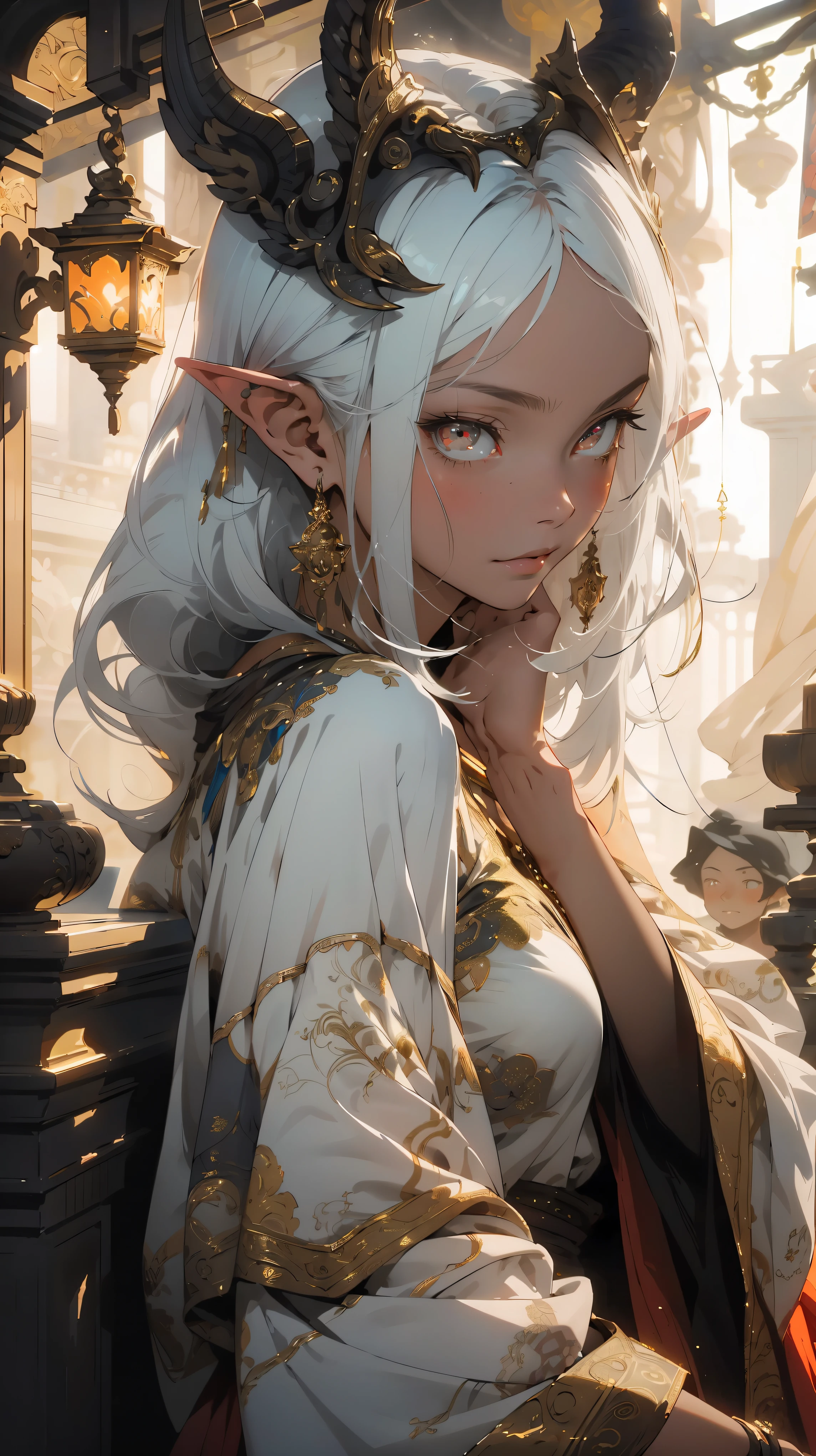 Realistic, (masterpiece, top quality, best quality, official art,), very detailed, most detailed, (1girl:1.3), gods, white hair, (glowing red eyes), mysterious, (magic), handsome woman, , gold ornaments,elf ears
