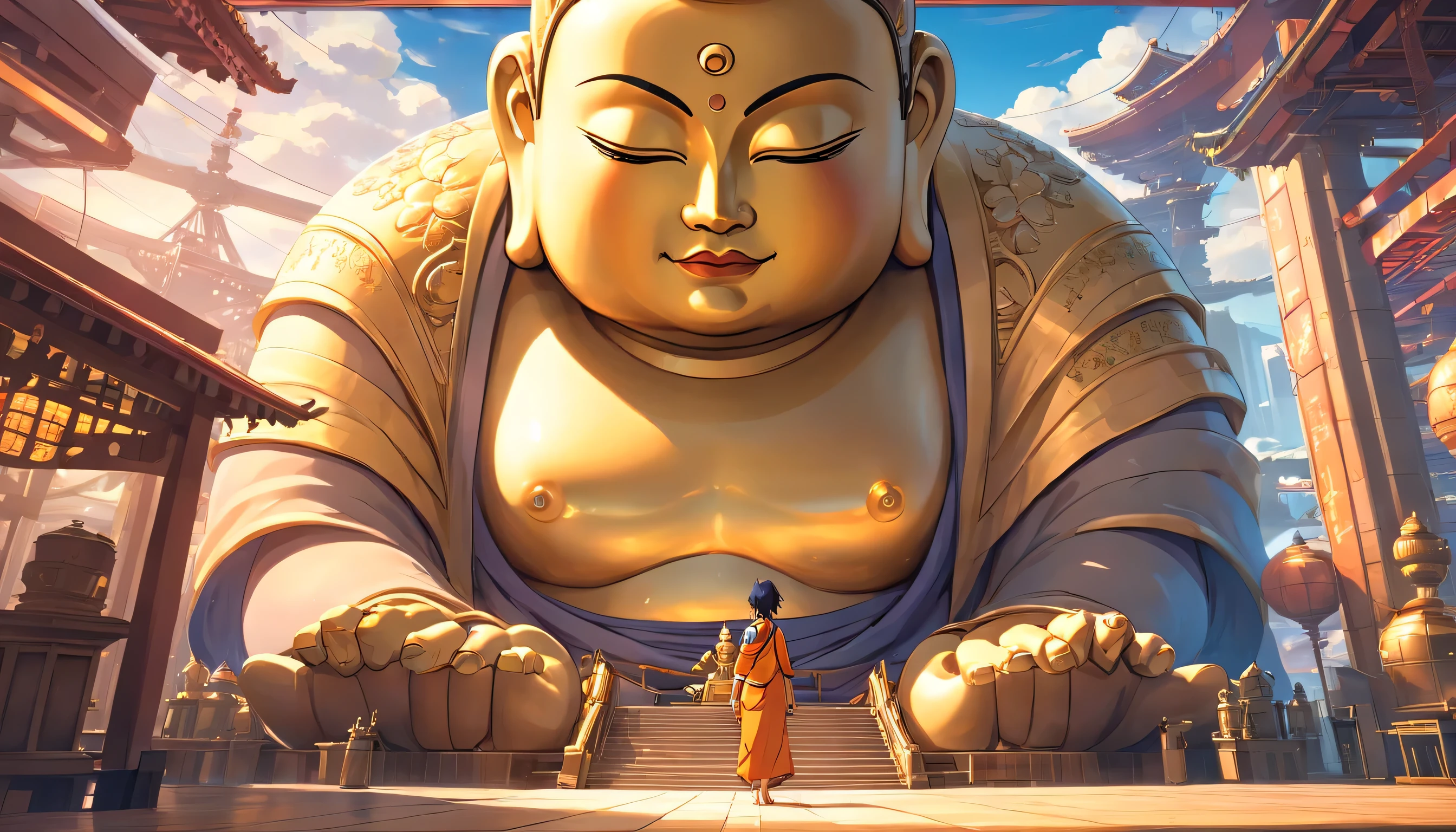 giant mechanical buddha statue，excite the crowd，The scriptures shining in the sky，In steampunk style，super fine，8k，works of masters，Detailed mechanical depictions，OC renderer，ultra photoreal sim