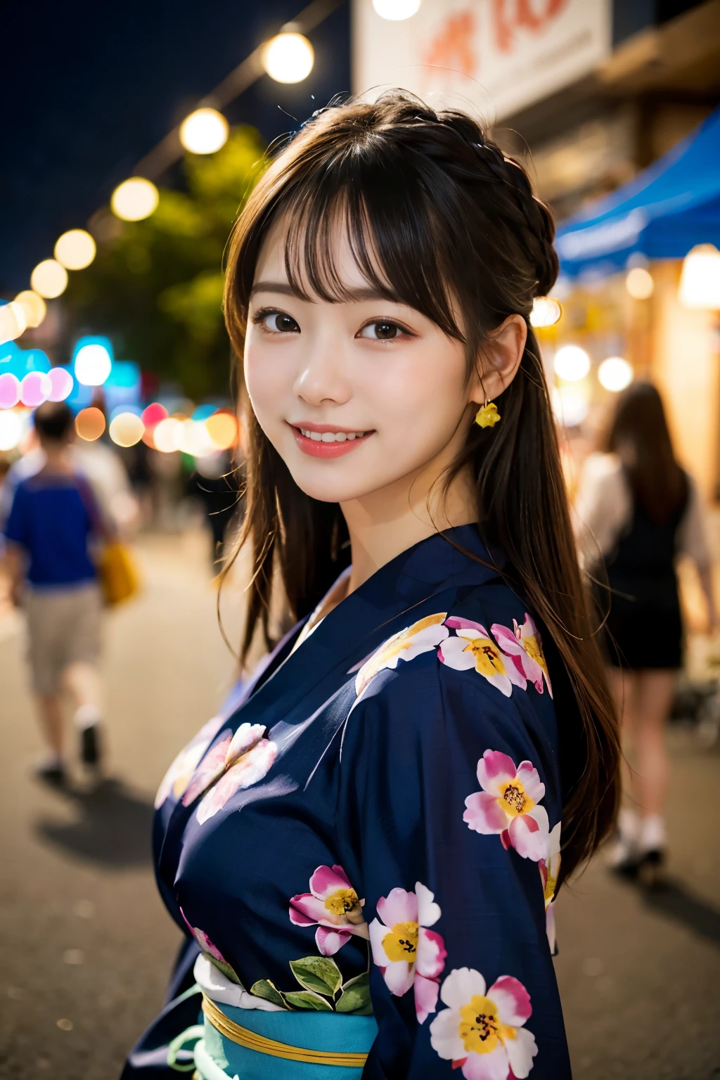 Summer festival stalls night , Highest quality, shape, Very detailed, In detail, High resolution, 8k wallpaper, Perfect dynamic composition, Beautiful details, Natural Lip, Cute yukata, Big Breasts, She is smiling and posing cutely with shaved ice.., A masterpiece of the whole body, Full Body Shot