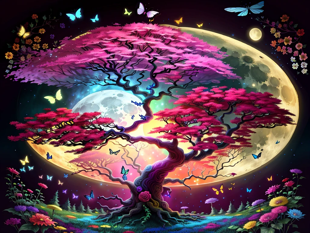 Draw a colorful tree of life，The background is a full moon, fantasy tree garden flowers butterfly light background dark color