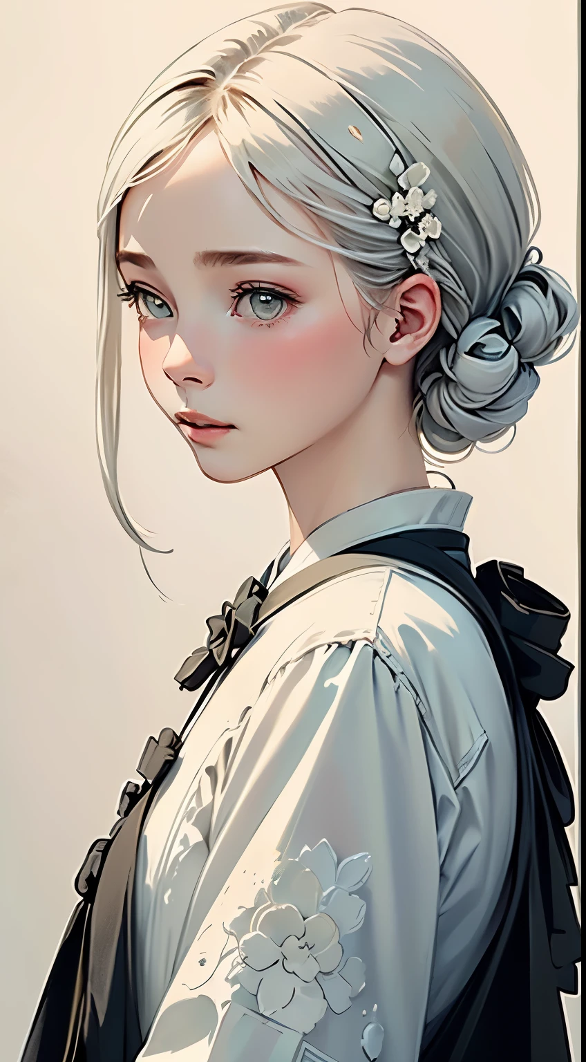 (((simple composition)))、(((The background is a white wall:1.2)))、one girl、perfect anatomy、painterly、sketch、very delicate、wall with cloud-like pattern、、Floral、delicate depiction、Abstract、overall light color、gentle color、Taisho romance、(masterpiece、highest quality、highest quality、official art、beautiful beautiful:1.2)、