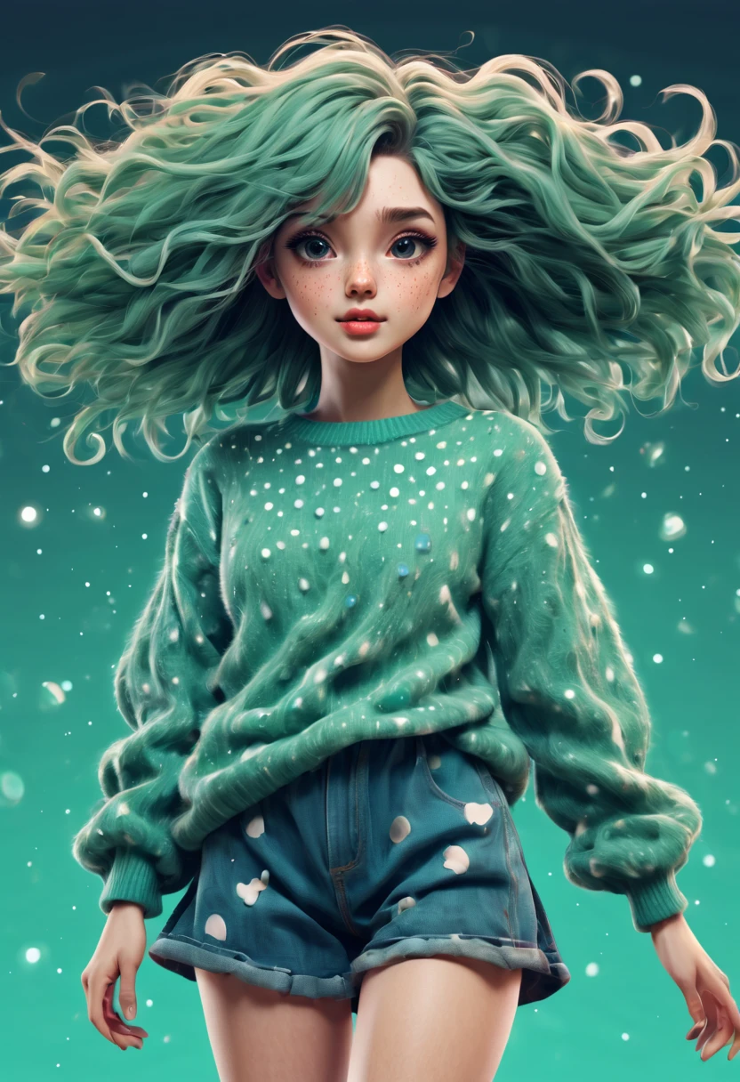 (best quality, highres, ultra sharp), (magical cute girl:1.2). Standing, Full body view, long legs. unique style, standing, long neck, large head, exaggerated hair, fluffy hair, small freckles, exaggerated expression, surreal, duck egg green sweater with small dots, details, horsehair, fluffy, socks, magic background, hand-drawn style,pencil drawing,cute, flowing lines, clean and crisp outlines, clean composition, zentangle hair style, art deco, zentangle, 3d crunch, cinematic,