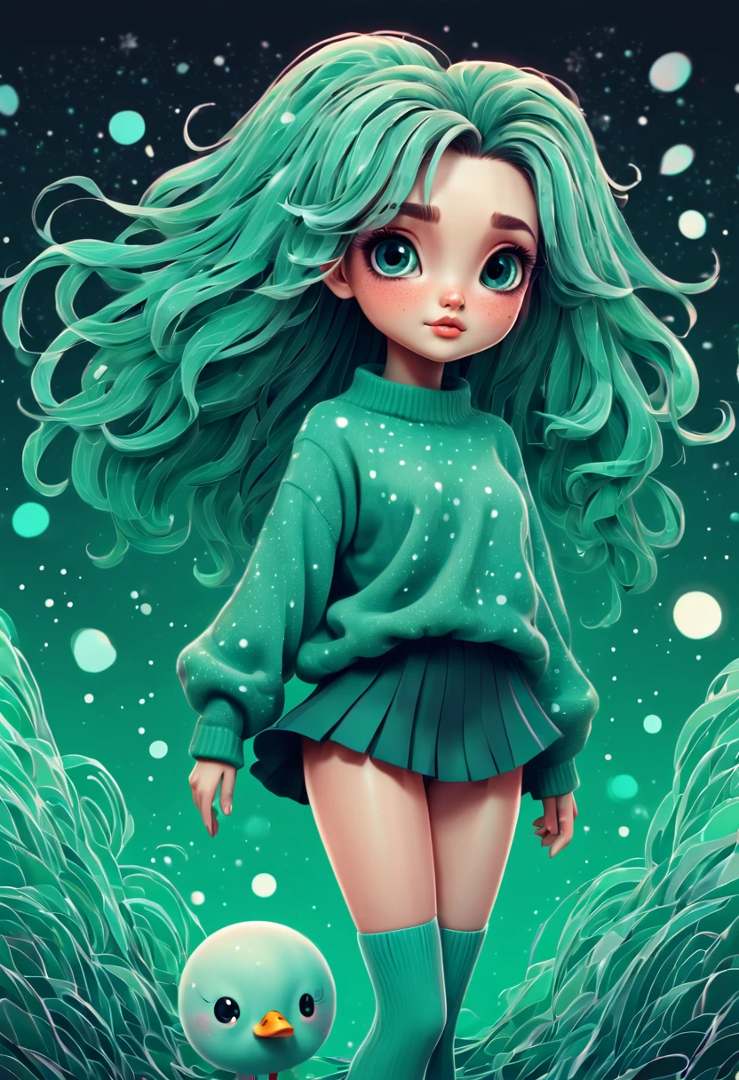 (best quality, highres, ultra sharp), (magical cute girl:1.2). Standing, Full body view, long legs. unique style, standing, long neck, large head, exaggerated hair, fluffy hair, small freckles, exaggerated expression, surreal, duck egg green sweater with small dots, details, horsehair, fluffy, socks, magic background, hand-drawn style,pencil drawing,cute, flowing lines, clean and crisp outlines, clean composition, zentangle hair style, art deco, zentangle, 3d crunch, cinematic,