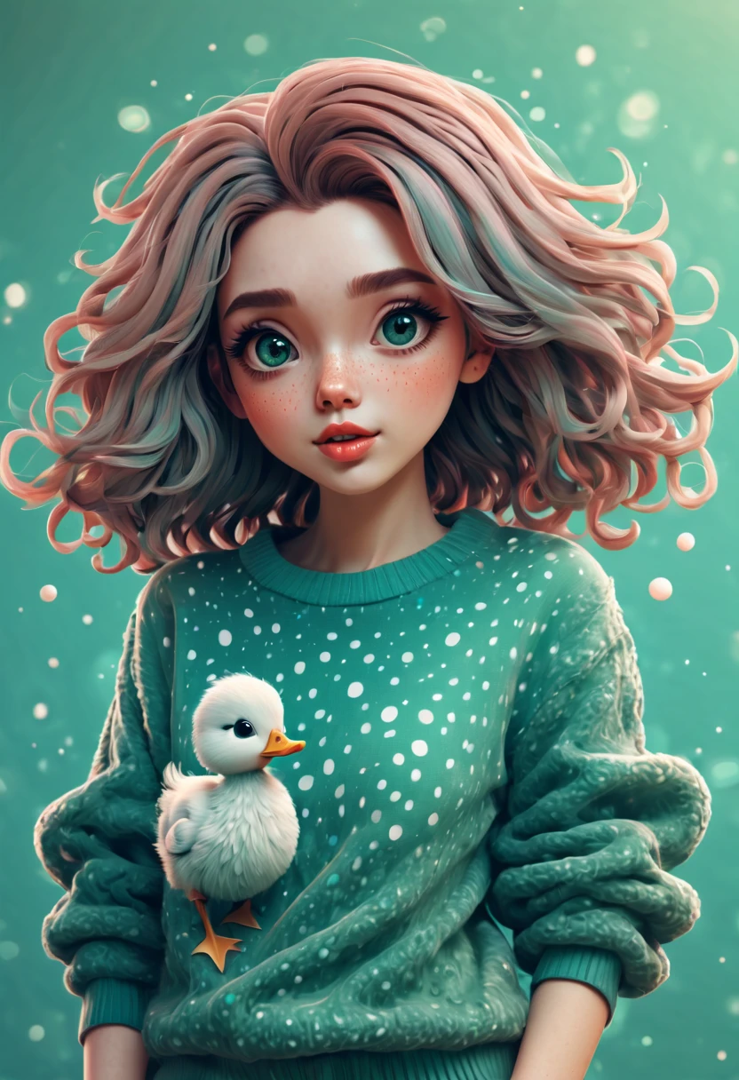 (best quality, highres, ultra sharp), (magical cute girl:1.2). Standing, Full body view, long legs. unique style, standing, long neck, large head, exaggerated hair, fluffy hair, small freckles, exaggerated expression, surreal, duck egg green sweater with small dots, details, horsehair, fluffy, socks, magic background, hand-drawn style,pencil drawing,cute, flowing lines, clean and crisp outlines, clean composition, zentangle hair style, art deco, zentangle, 3d crunch, cinematic,