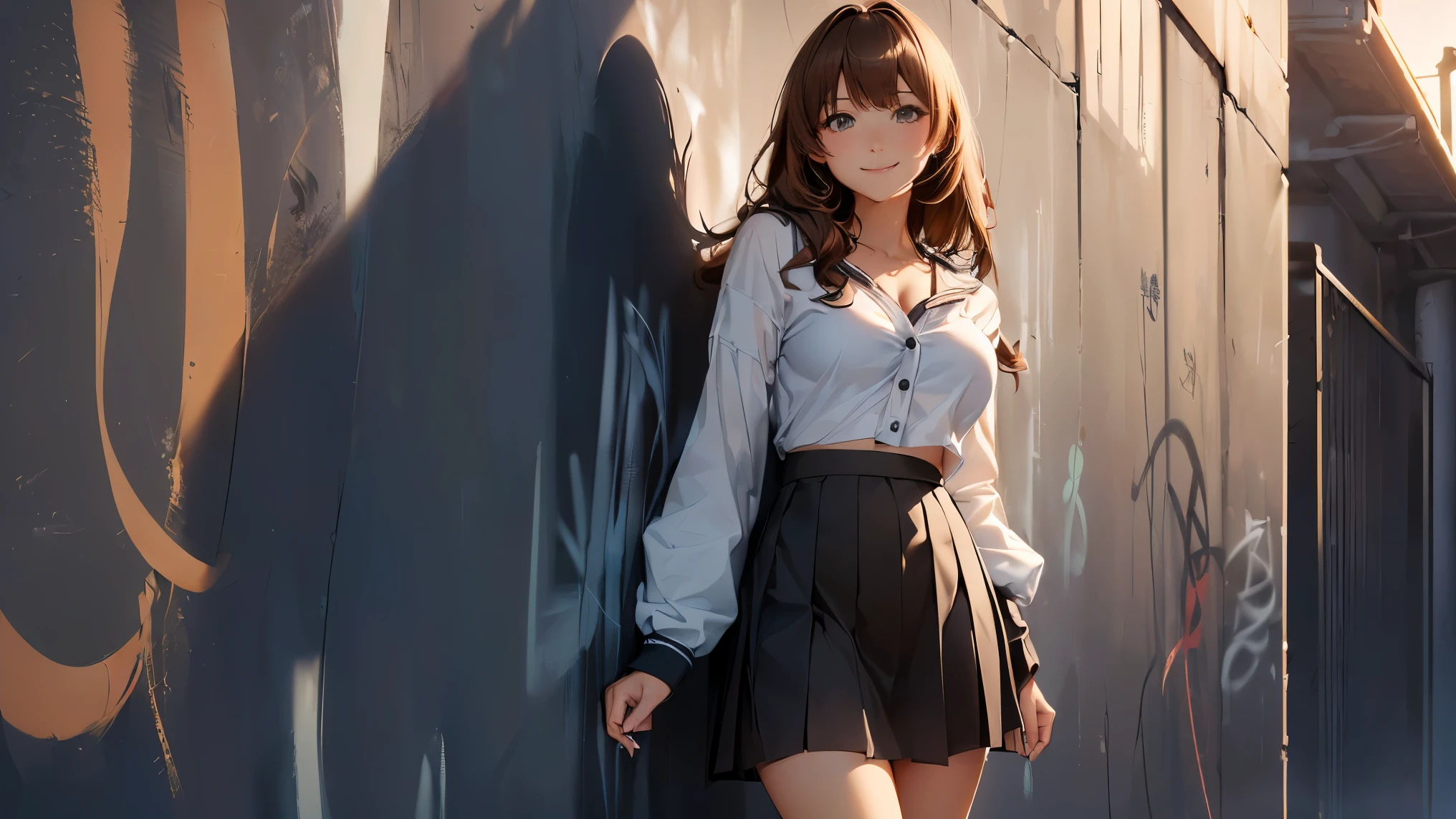 masterpiece, top-quality, the Extremely Detailed CG Unity 8K Wallpapers, Ultra-realistic 8kCG, erfect artwork, The perfect female figure, Dramatic shadows, (spot light, Perfect litthing, Detailed light, (((1girl in))), ((Sharp face)), ((Brown hair, waved hair)), (((sexypose))), Model body type, Navel is visible, large full breasts, ((cute face)), (gently smiling: 1.2), (asymmetrical bangs, beautiful eyelashes), 美丽的面容, (beautiful chest line:1.2), (cleavage), beautiful a girl, Exquisite facial features depicting the perfect face, Cold, Naturally beautiful, Sweating, slenderbody, Light and beautiful thigh expression, hi-school girl, high-school uniform, a sailor suit, pleatedskirt, Loose Socks, In front of a wall full of graffiti, Night, (((Leaning on the wall, is standing))), awardwinning photo, detaile, realistic light and shadow, 8K分辨率, Professional Lighting, (glistning skin:0.9), perfect hand,