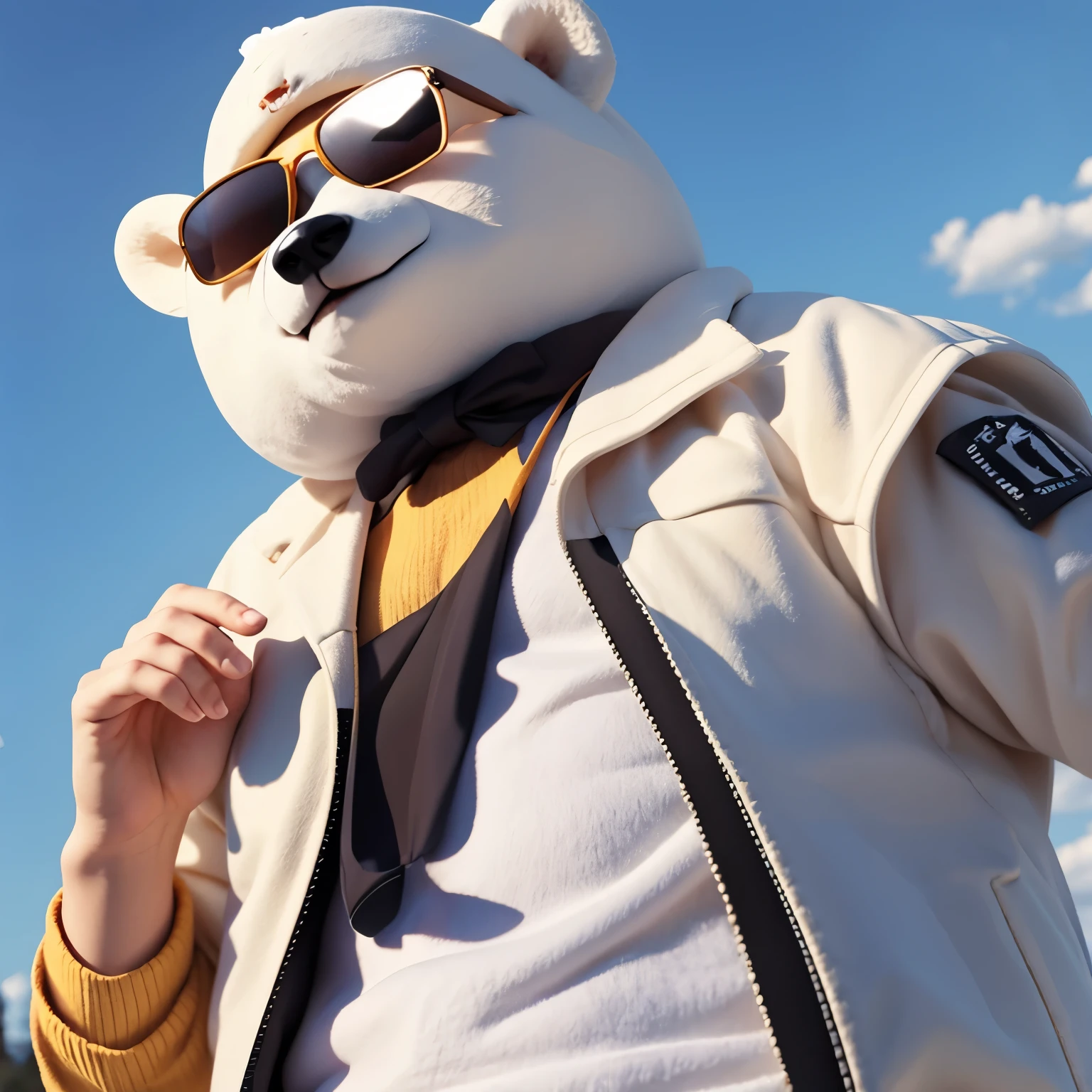 The white male bear is dressed casually and wearing sunglasses