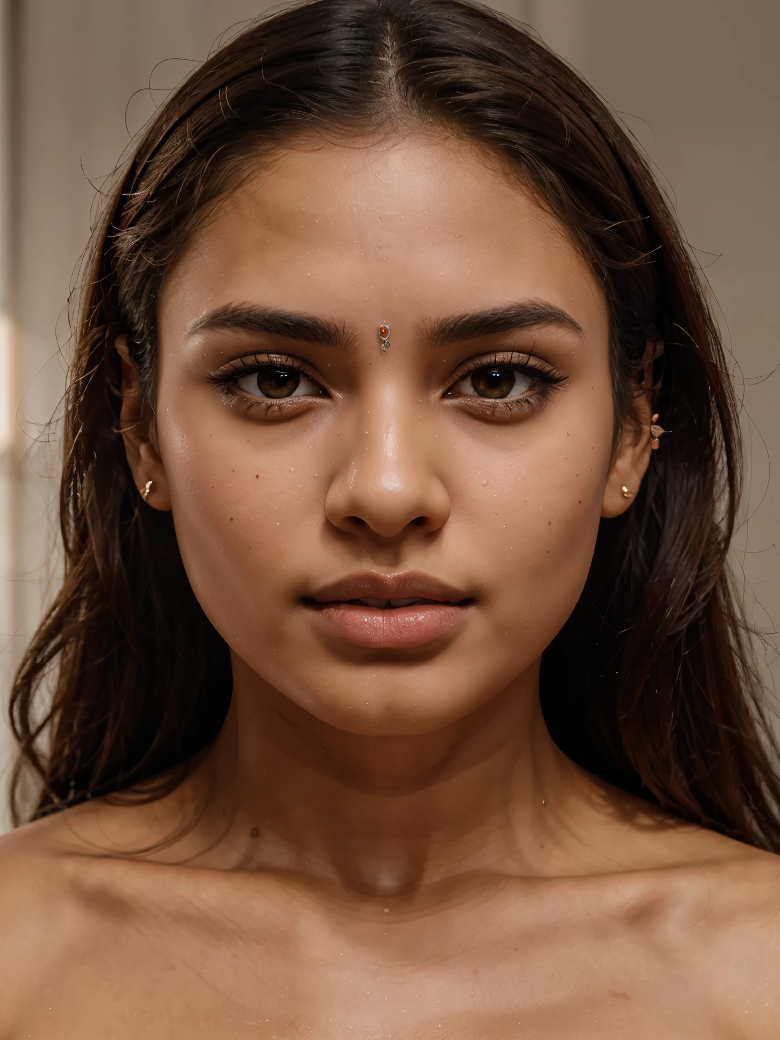 A young indian woman aged 23, masterpiece, high quality, ultra realistic, body measurements-33:27:36, absolutely stunning, beautiful detailed portrait, light brown skin color, brown eyes,brown wavy hair till waist, oval shaped face, pointed chin, 8k, heart shaped lips, thin pointed eyebrows, sharp neckline, closed mouth, consistent,height-5'3, weight-45 kg, small monolid eyes, exact fingers, human, highly rendered,8k,raw,full shot, front, realistic, pointed ear shape, straight snub nose, clear face, hyper realistic, lighting, sharp details,consistent face and body