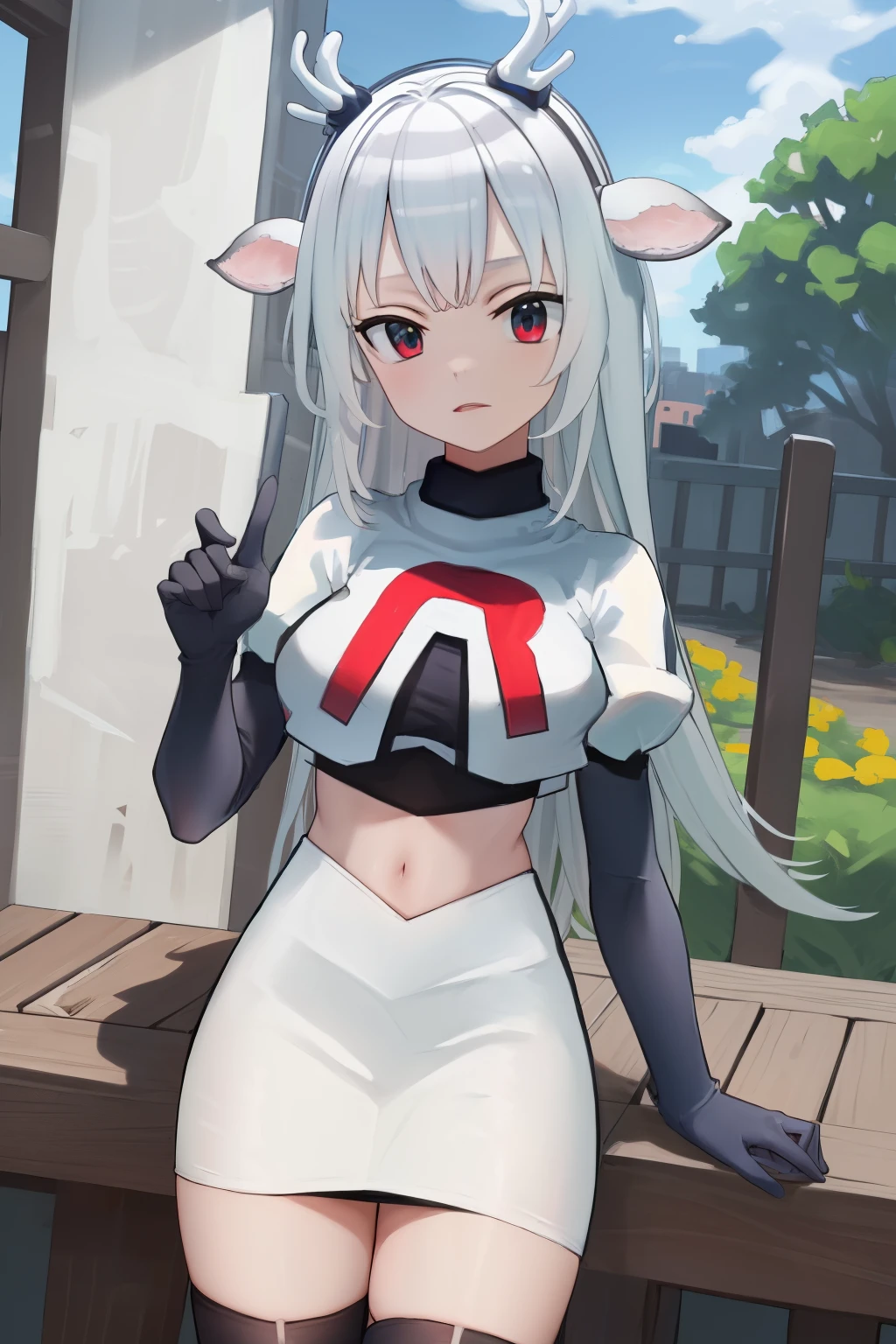 (absurdres, absurd resolution, highres, high resolution, best quality, masterpiece:1.1)
(solo, 1girl)
hakushika iori, antlers, deer ears
outdoors, team rocket,team rocket uniform, red letter R, white skirt,white crop top,black thigh-highs,black elbow gloves