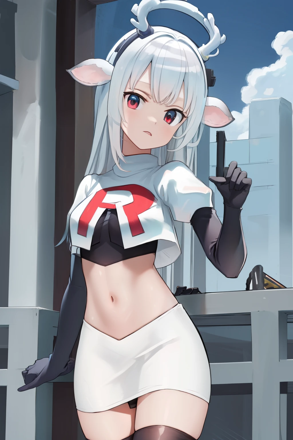 (absurdres, absurd resolution, highres, high resolution, best quality, masterpiece:1.1)
(solo, 1girl)
hakushika iori, antlers, deer ears
outdoors, team rocket,team rocket uniform, red letter R, white skirt,white crop top,black thigh-highs,black elbow gloves