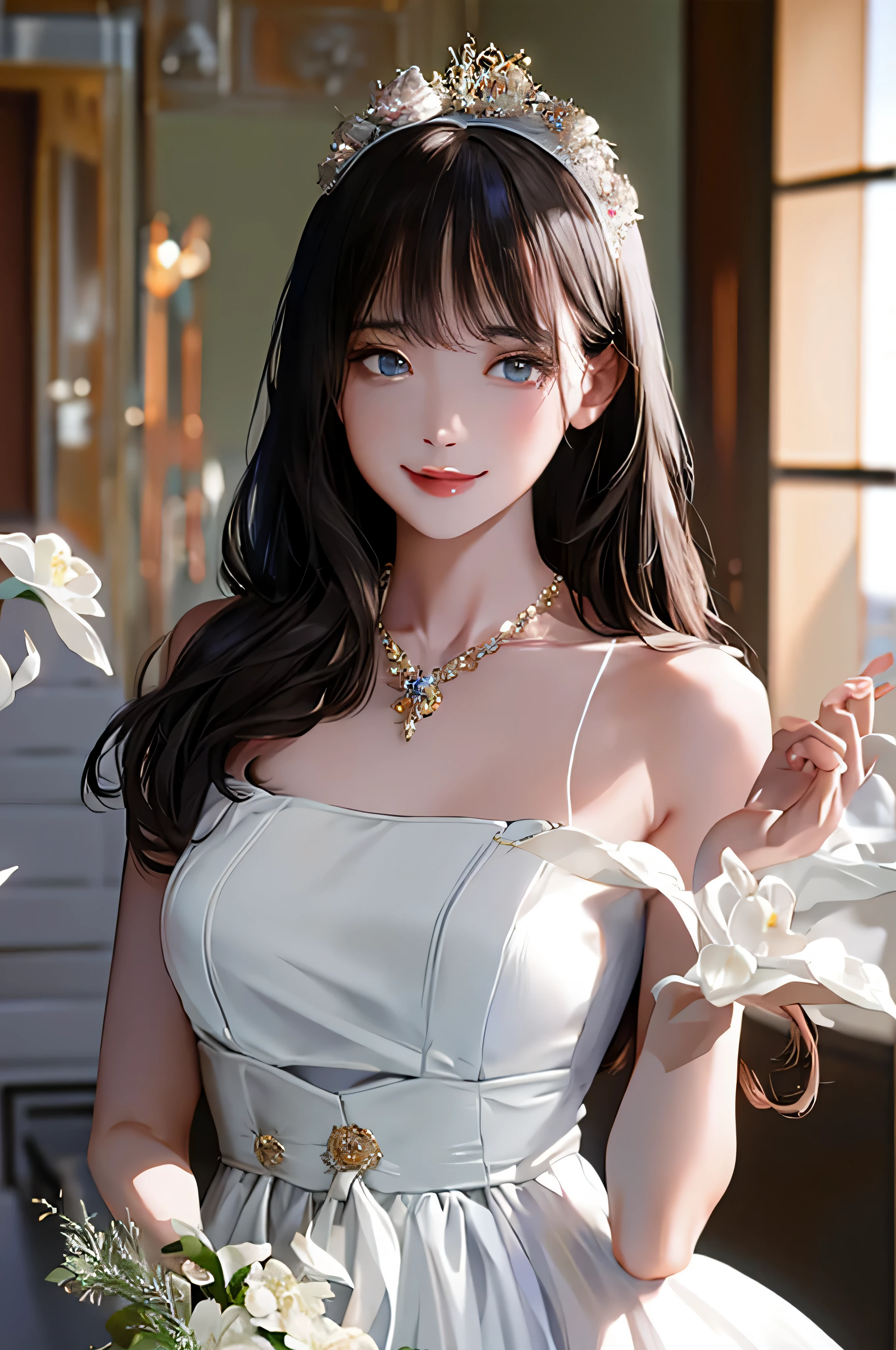 ((highest quality)), ((masterpiece)), (get used to it), perfect face、8k、real photos、ultra high resolution, master parts, highest quality, ticker , cinematic images,nice girl、Ann、、Annグロサクソン人、eyes are purple、double eyelid、very垂れ目、(very, very大きな瞳:1.9)、dark eye shadow、very薄い唇、The tip of your nose grows beautifully..、small nose tip,,,,, very detailed ,silver hair、straight hair、very smiling、 sweet expression 、very beautiful woman、long legs、big breasts、 very clear shadows , jewelry , fine eyes, shiny skin , パーフェクトブリリAnnト, perfect sentence, dramatic shadow 、She wears a white see-through dress、Gold embroidery throughout the dress、white high heels、white tiara on head、gold necklace、angel wings on the back、holding a bouquet of flowers in both hands