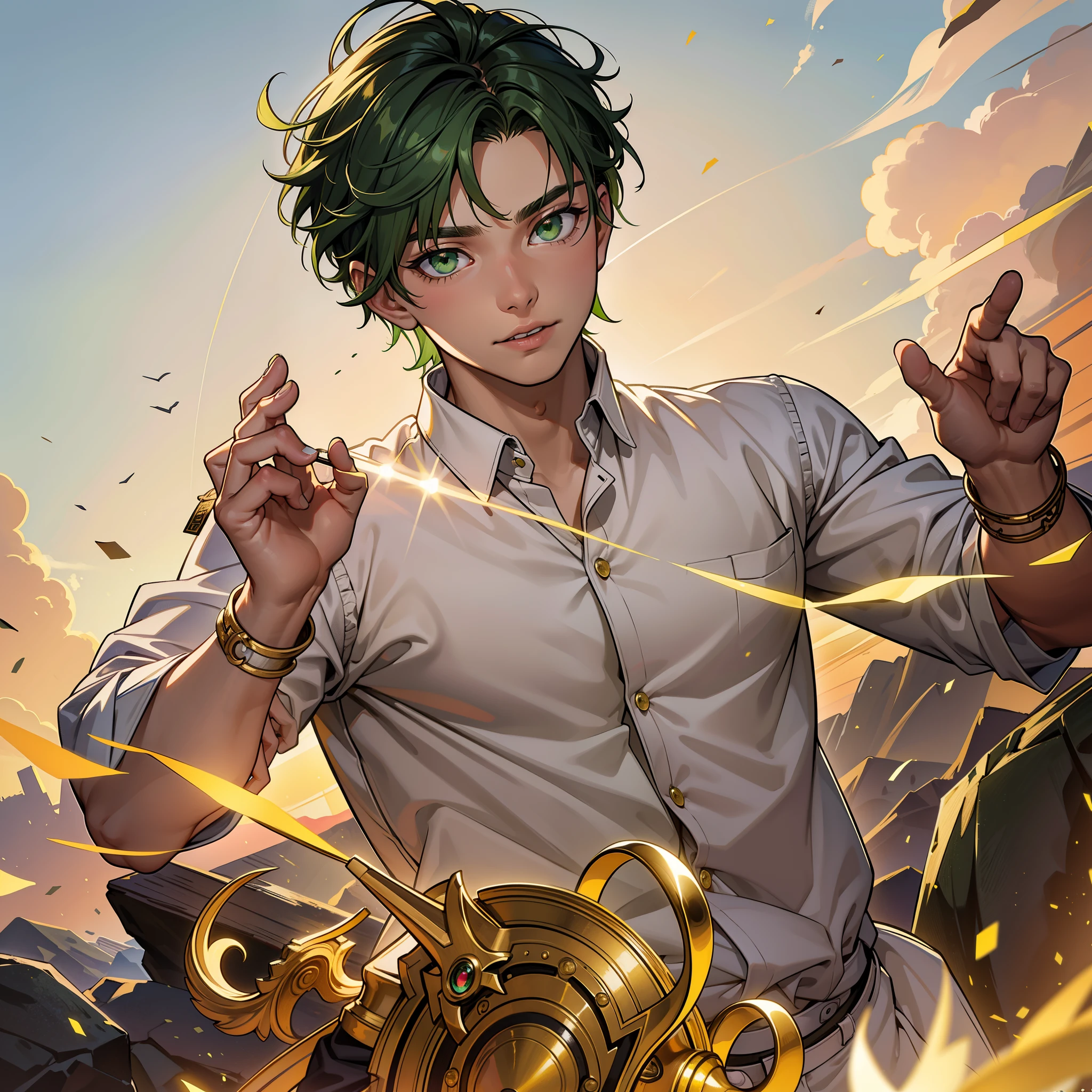 16 year old man cute green eyes(en 8K、de primera calidad、masterpiece:1.2)、1 chico、de pelo corto、Pelo corto、 hay luces doradas y verdes rodeandoloPiel morena、Vista Dorada、
