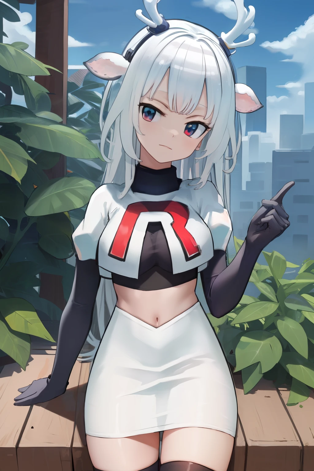 (absurdres, absurd resolution, highres, high resolution, best quality, masterpiece:1.1)
(solo, 1girl)
hakushika iori, antlers, deer ears
outdoors, team rocket,team rocket uniform, red letter R, white skirt,white crop top,black thigh-highs,black elbow gloves