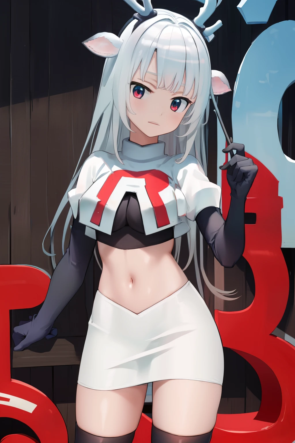 (absurdres, absurd resolution, highres, high resolution, best quality, masterpiece:1.1)
(solo, 1girl)
hakushika iori, antlers, deer ears
outdoors, team rocket,team rocket uniform, red letter R, white skirt,white crop top,black thigh-highs,black elbow gloves