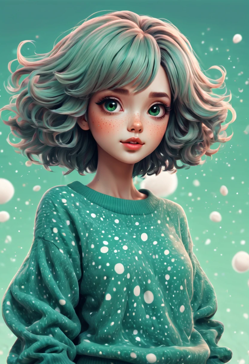 (best quality, highres, ultra sharp), (magical cute girl:1.2). Standing, Full body view, long legs. unique style, standing, long neck, large head, exaggerated hair, fluffy hair, small freckles, exaggerated expression, surreal, duck egg green sweater with small dots, details, horsehair, fluffy, socks, magic background, hand-drawn style,pencil drawing,cute, flowing lines, clean and crisp outlines, clean composition, zentangle hair style, art deco, zentangle, 3d crunch, cinematic,