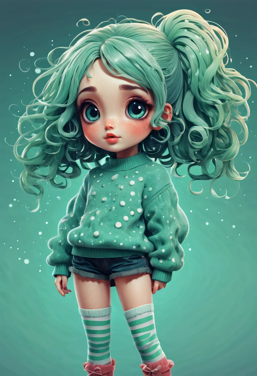 (best quality, highres, ultra sharp), (magical cute girl:1.2). Standing, Full body view, long legs. unique style, standing, long neck, large head, exaggerated hair, fluffy hair, small freckles, exaggerated expression, surreal, duck egg green sweater with small dots, details, horsehair, fluffy, socks, magic background, hand-drawn style,pencil drawing,cute, flowing lines, clean and crisp outlines, clean composition, zentangle hair style, art deco, zentangle, 3d crunch, cinematic,