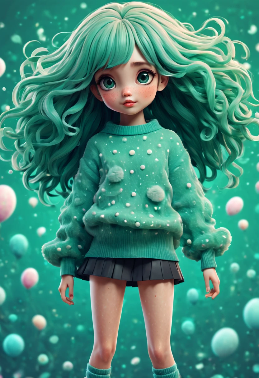 (best quality, highres, ultra sharp), (magical cute girl:1.2). Standing, Full body view, long legs. unique style, standing, long neck, large head, exaggerated hair, fluffy hair, small freckles, exaggerated expression, surreal, duck egg green sweater with small dots, details, horsehair, fluffy, socks, magic background, hand-drawn style,pencil drawing,cute, flowing lines, clean and crisp outlines, clean composition, zentangle hair style, art deco, zentangle, 3d crunch, cinematic,