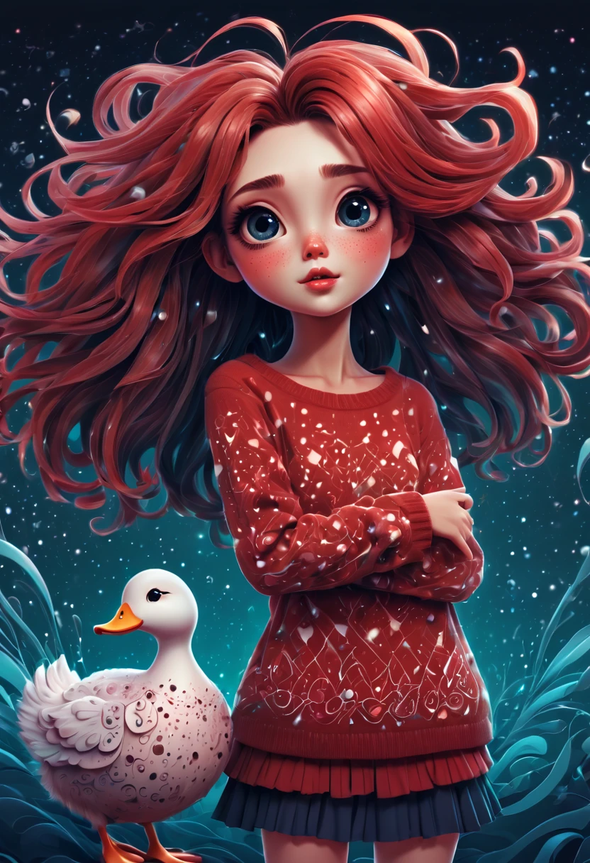 (best quality, highres, ultra sharp), (magical cute girl:1.2). Standing, Full body view, long legs. unique style, standing, long neck, large head, exaggerated hair, fluffy hair, small freckles, exaggerated expression, surreal, duck egg red sweater with small dots, details, horsehair, fluffy, socks, magic background, hand-drawn style,pencil drawing,cute, flowing lines, clean and crisp outlines, clean composition, zentangle hair style, art deco, zentangle, 3d crunch, cinematic,