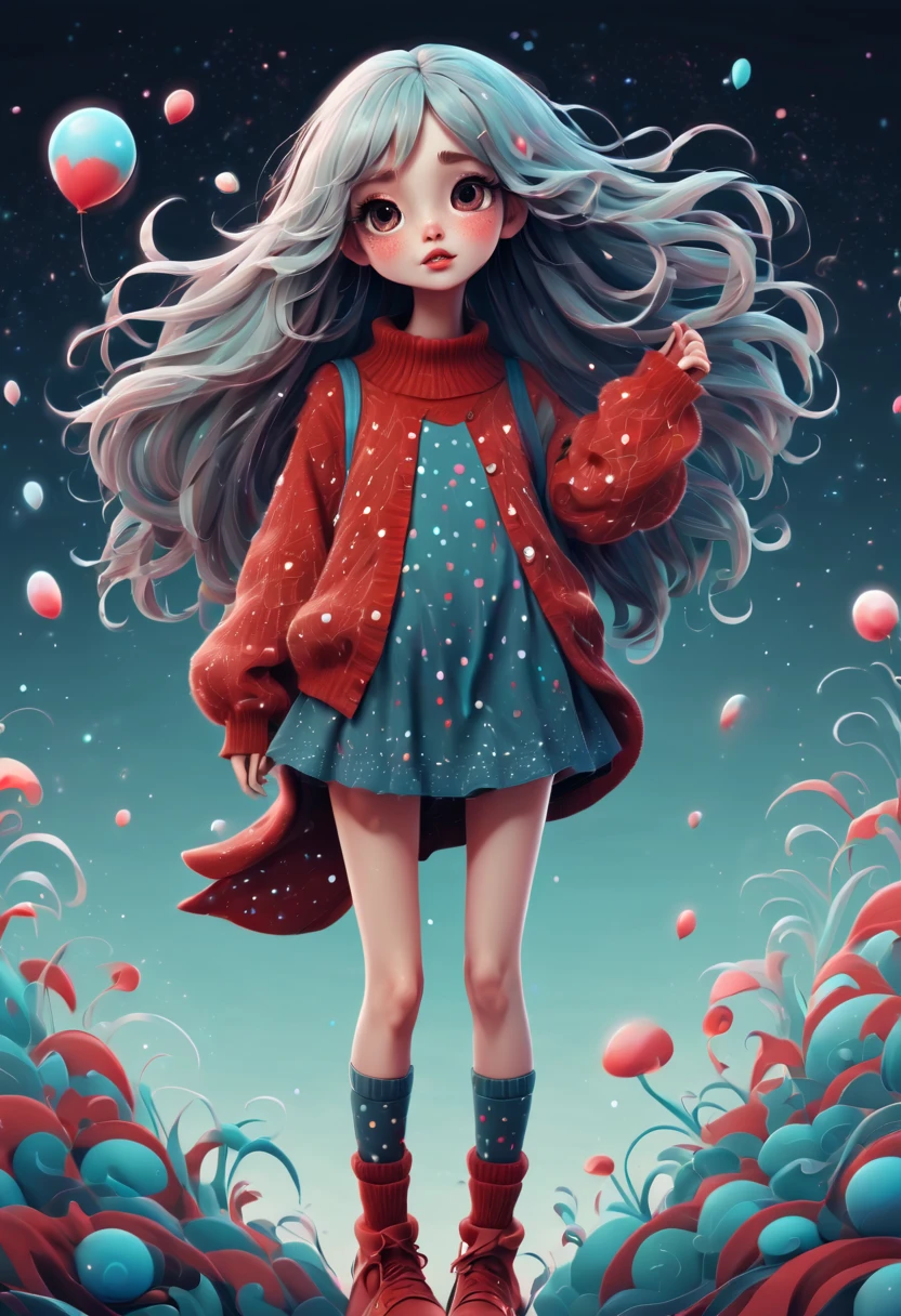 (best quality, highres, ultra sharp), (magical cute girl:1.2). Standing, Full body view, long legs. unique style, standing, long neck, large head, exaggerated hair, fluffy hair, small freckles, exaggerated expression, surreal, duck egg red sweater with small dots, details, horsehair, fluffy, socks, magic background, hand-drawn style,pencil drawing,cute, flowing lines, clean and crisp outlines, clean composition, zentangle hair style, art deco, zentangle, 3d crunch, cinematic,