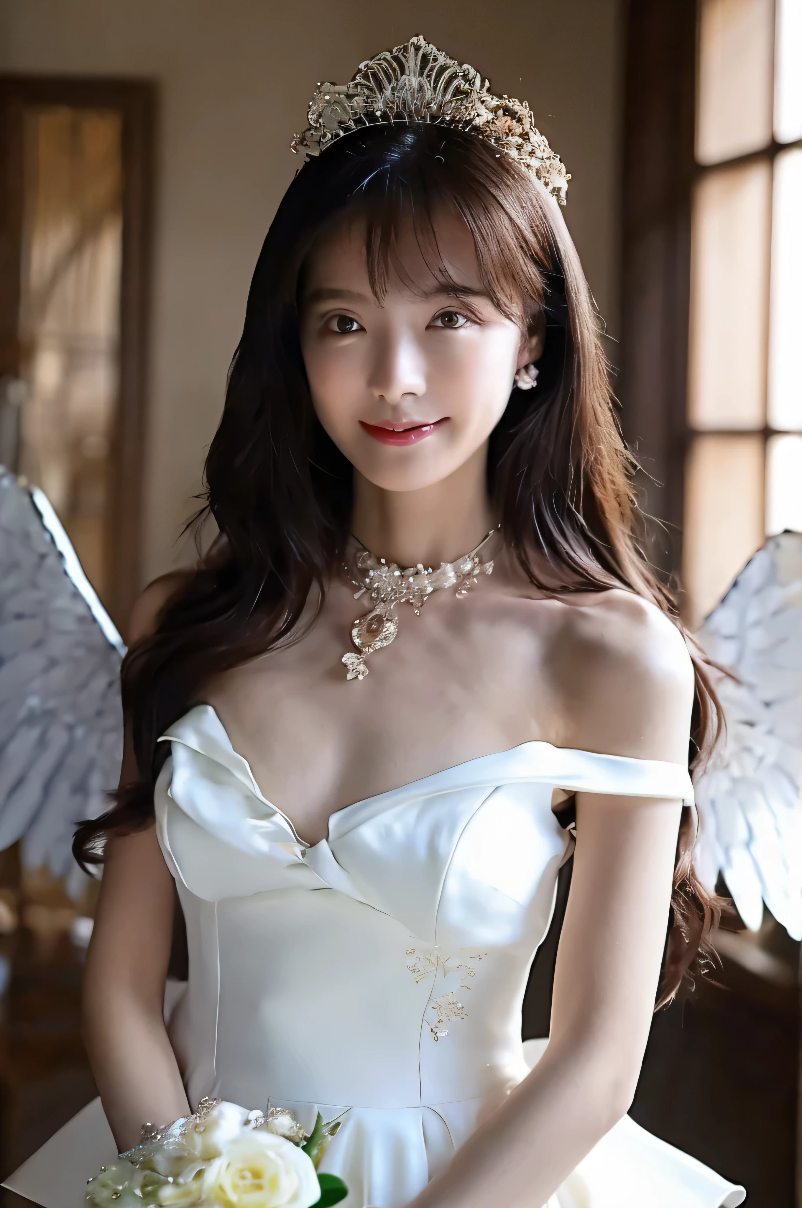 ((highest quality)), ((masterpiece)), (get used to it), perfect face、8k、real photos、ultra high resolution, master parts, highest quality, ticker , cinematic images,nice girl、Ann、、Annグロサクソン人、eyes are purple、double eyelid、very垂れ目、(very, very大きな瞳:1.9)、dark eye shadow、very薄い唇、The tip of your nose grows beautifully..、small nose tip,,,,, very detailed ,silver hair、straight hair、very smiling、 sweet expression 、very beautiful woman、long legs、big breasts、 very clear shadows , jewelry , fine eyes, shiny skin , パーフェクトブリリAnnト, perfect sentence, dramatic shadow 、She wears a white see-through dress、Gold embroidery throughout the dress、white high heels、white tiara on head、gold necklace、angel wings on the back、holding a bouquet of flowers in both hands