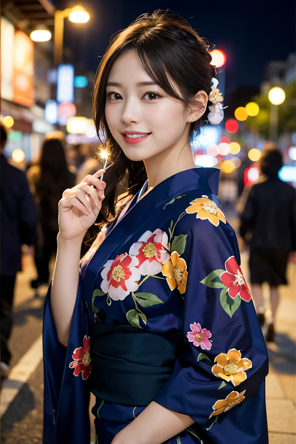 (8k、Raw photo、highest quality、masterpiece:1.2)、(realistic、Photoreal:1.37)、super detailed、Super high resolution、1 girl、see the beholder、beautiful and detailed face、laughter、narrow、(slim waist) :1.3)、Fine and beautiful skin、skin texture、floating hair、professional lighting、human body as a whole、long hair、blonde、floral pattern yukata、festival、in the street、Sparkler、bob hair、cheerful smile、