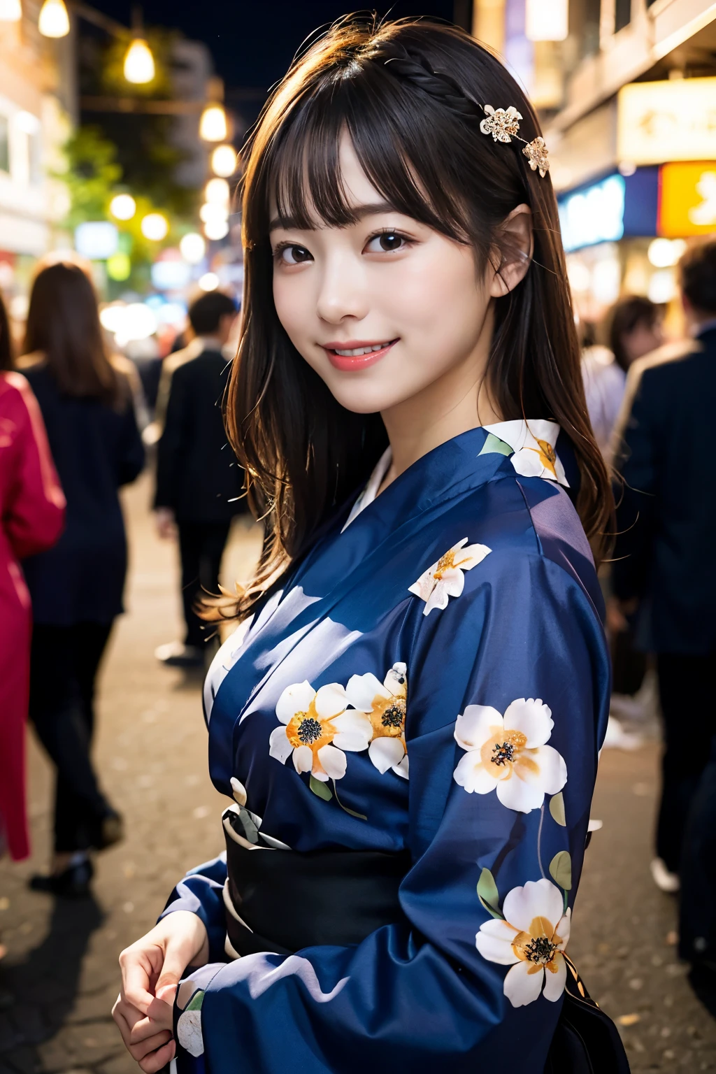 (8k、Raw photo、highest quality、masterpiece:1.2)、(realistic、Photoreal:1.37)、super detailed、Super high resolution、1 girl、see the beholder、beautiful and detailed face、laughter、narrow、(slim waist) :1.3)、Fine and beautiful skin、skin texture、floating hair、professional lighting、human body as a whole、long hair、blonde、floral pattern yukata、festival、in the street、Sparkler、bob hair、cheerful smile、