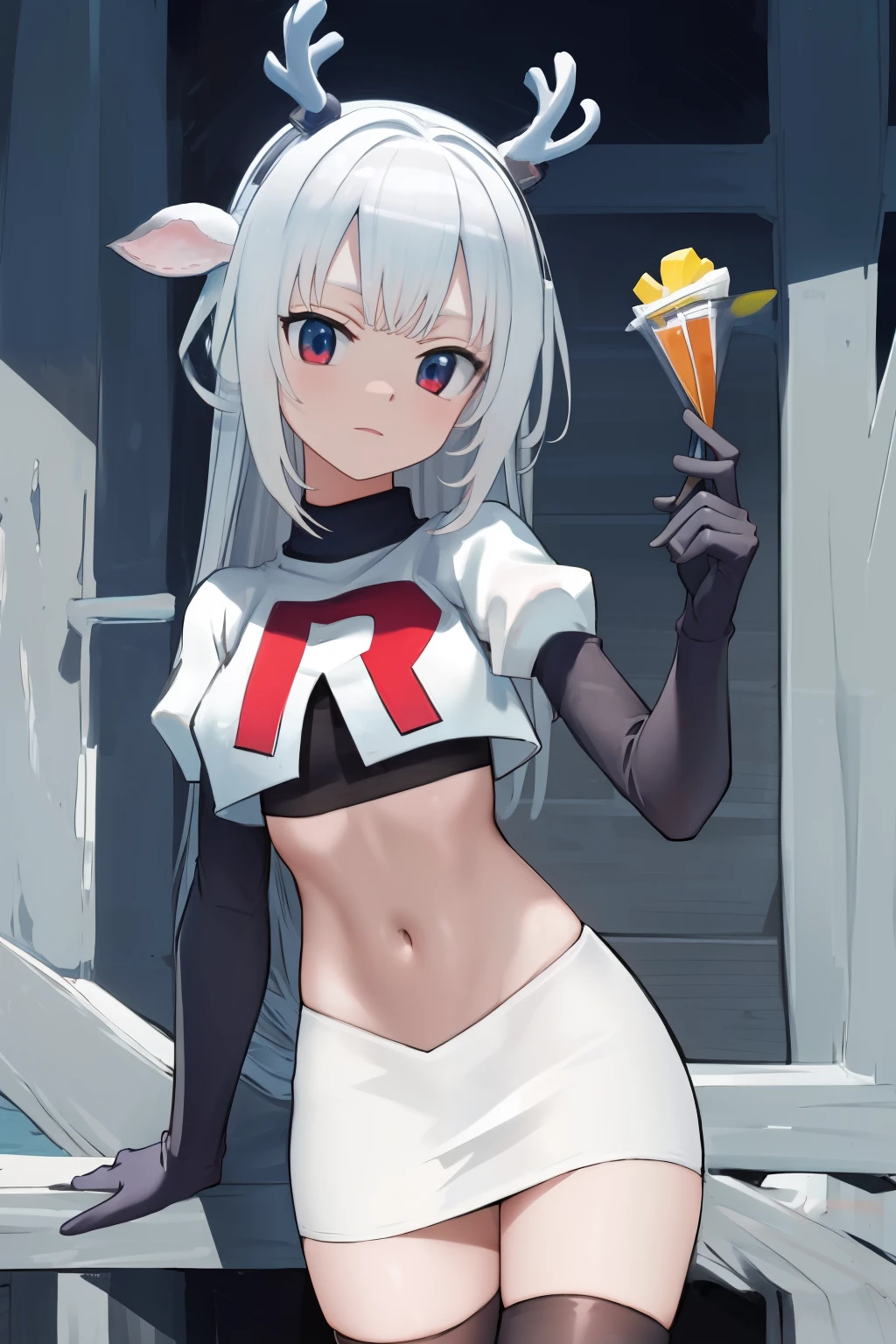 (absurdres, absurd resolution, highres, high resolution, best quality, masterpiece:1.1)
(solo, 1girl)
hakushika iori, antlers, deer ears
outdoors, team rocket,team rocket uniform, red letter R, white skirt,white crop top,black thigh-highs,black elbow gloves