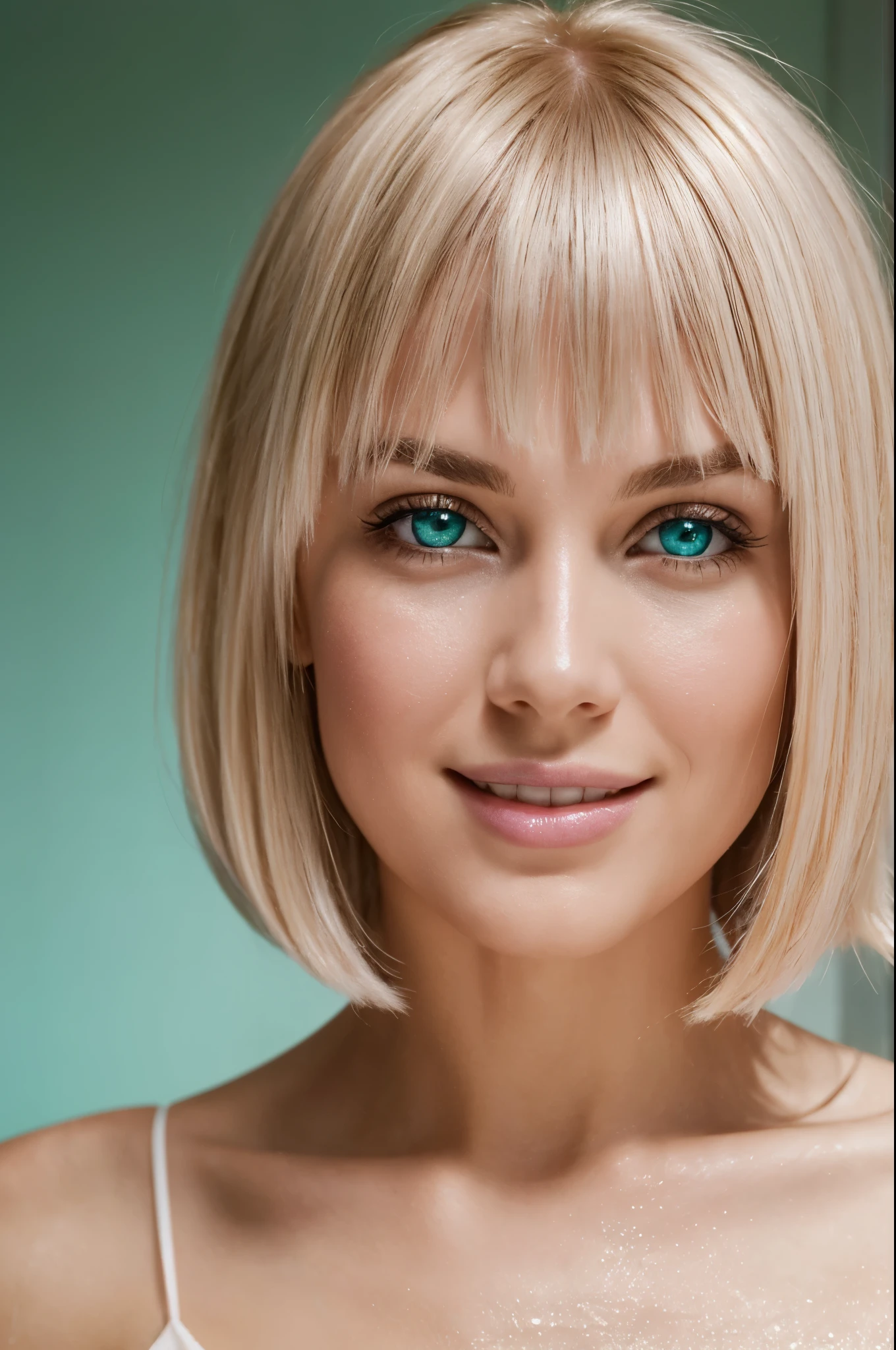 Head shot portrait styled photograph of a captivating brilliant platinum blonde Anglo-Saxon woman, boasting a page boy haircut with bangs meticulously framing her pretty face and straight sides that accentuate her angular features. Her hair glistens in the light, subtly wet from a recent touch-up, every strand shimmering with an iridescent sheen. Her lips are painted a playful pink hue, complementing her charming smile that reveals a row of gleaming white teeth, each one perfectly aligned. Her blue-green eyes, slightly crossed, twinkle with a mischievous demeanor, their corners adorned with well-defined lashes. As