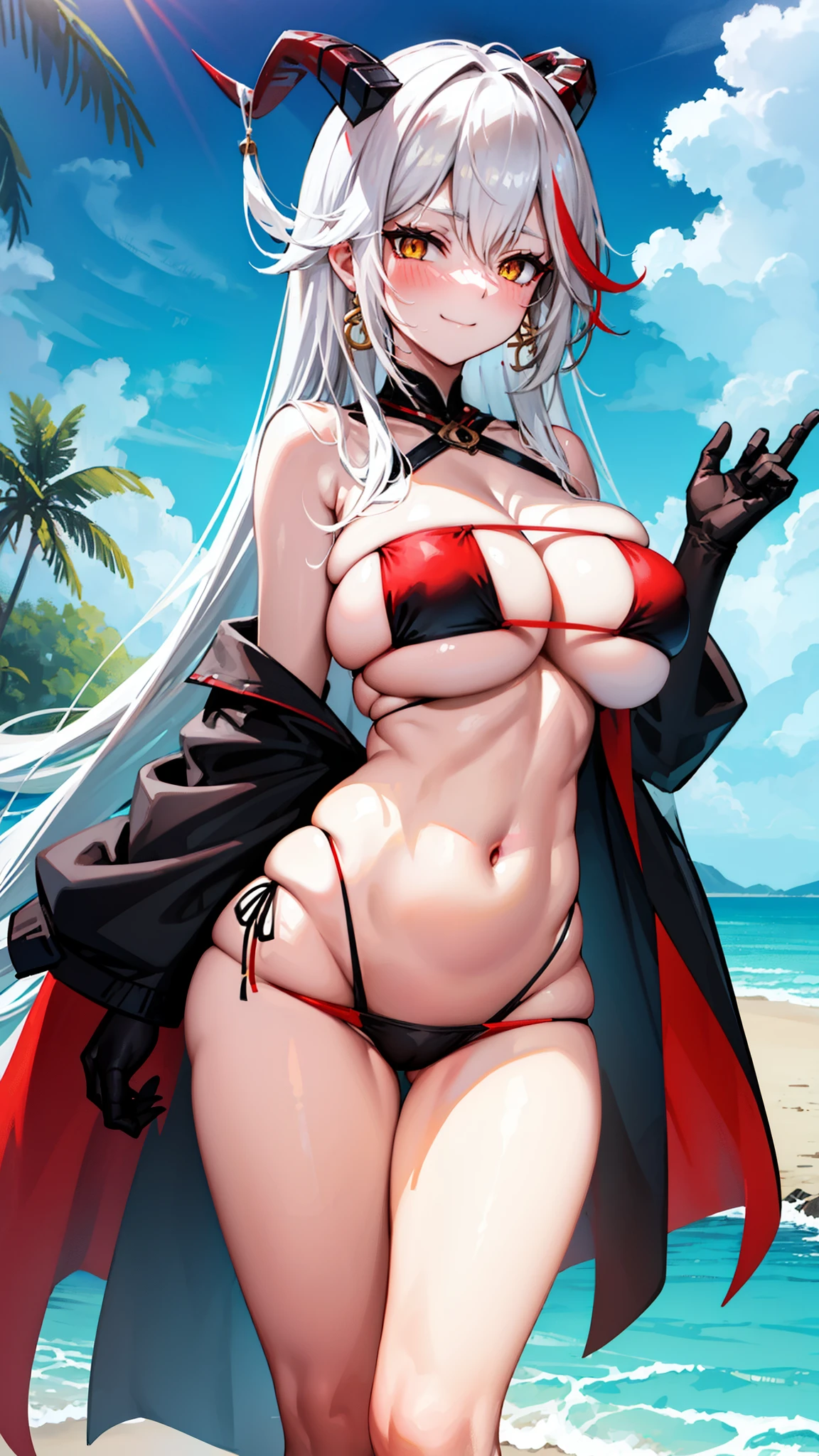 closed mouth, huge breasts, looking at the audience, white hair,,long hair,black horn,red multicolored hair,yellow eyes,,resort beach,standing,slim,　,cowboy shot,,grin,bikini,navel,blush,light front