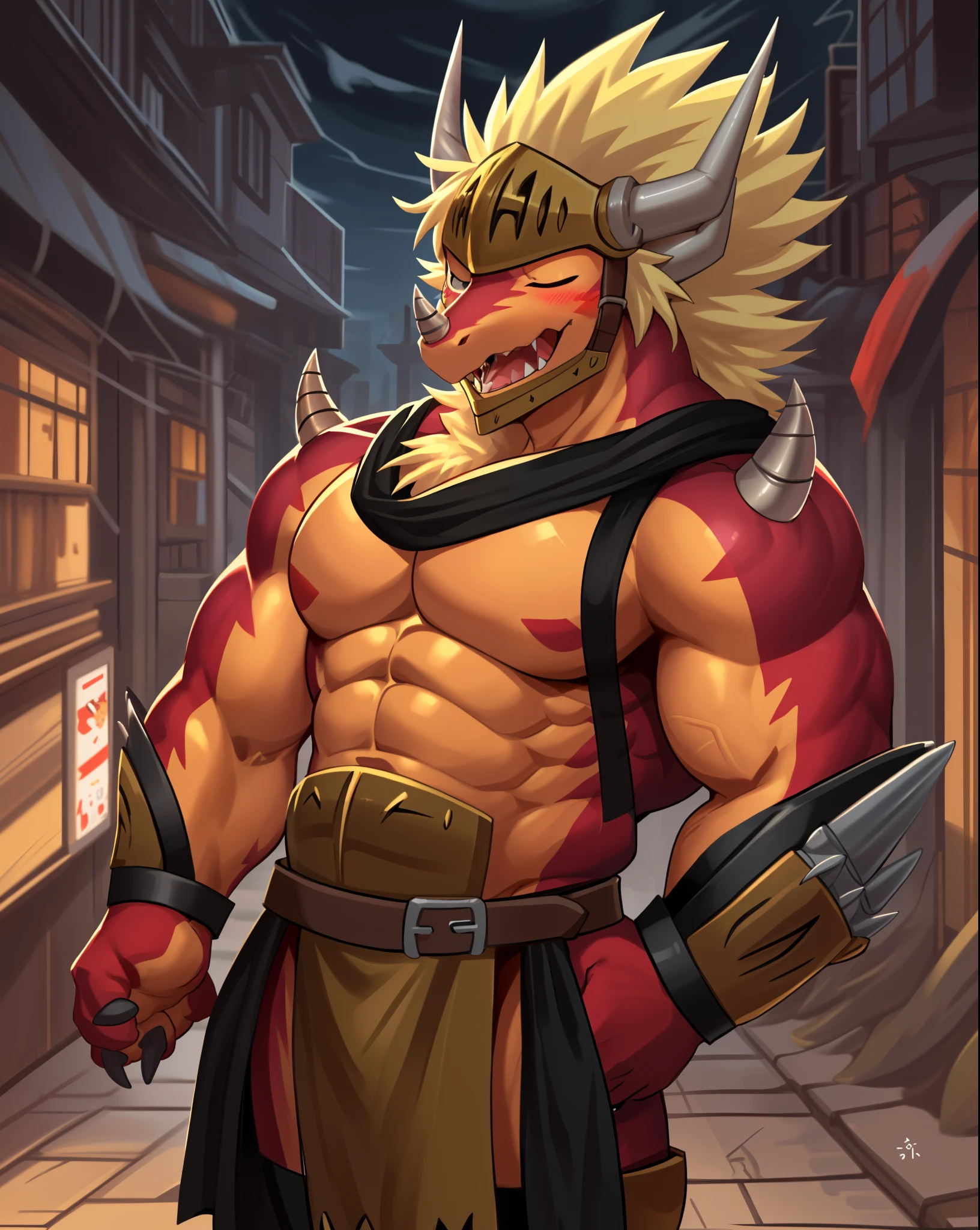 drum bunker dragon, helmet, anthro, dragon, male, armor, solo, horn, claws, scalie, blonde hair, muscular,
bust portrait, one eye closed, laugh, blush,
kemono, detailed background