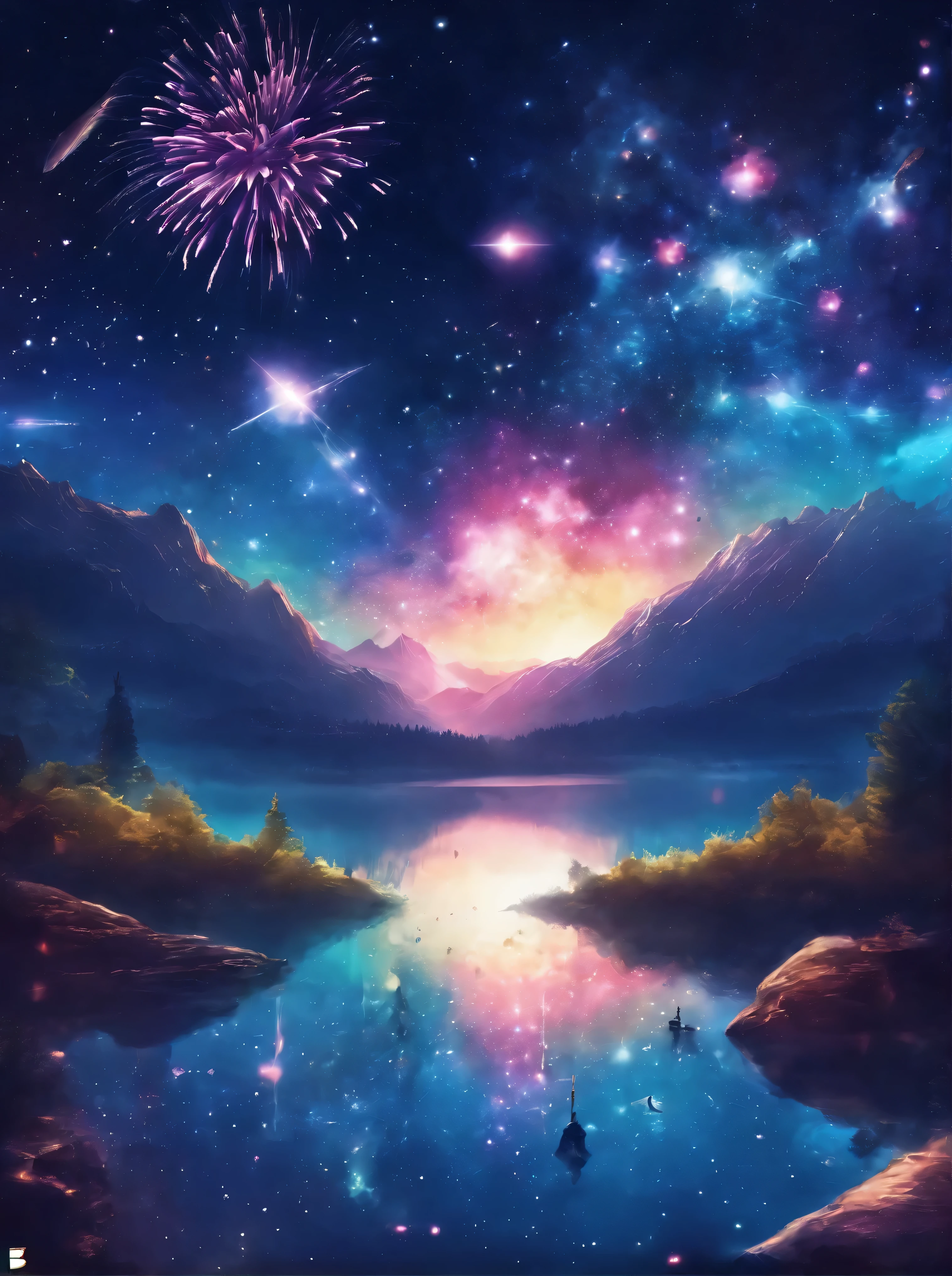 fireworks, starry sky,garden, lake, Small hills, masterpiece, best quality, anatomically correct, high detail, 8k, wallpaper