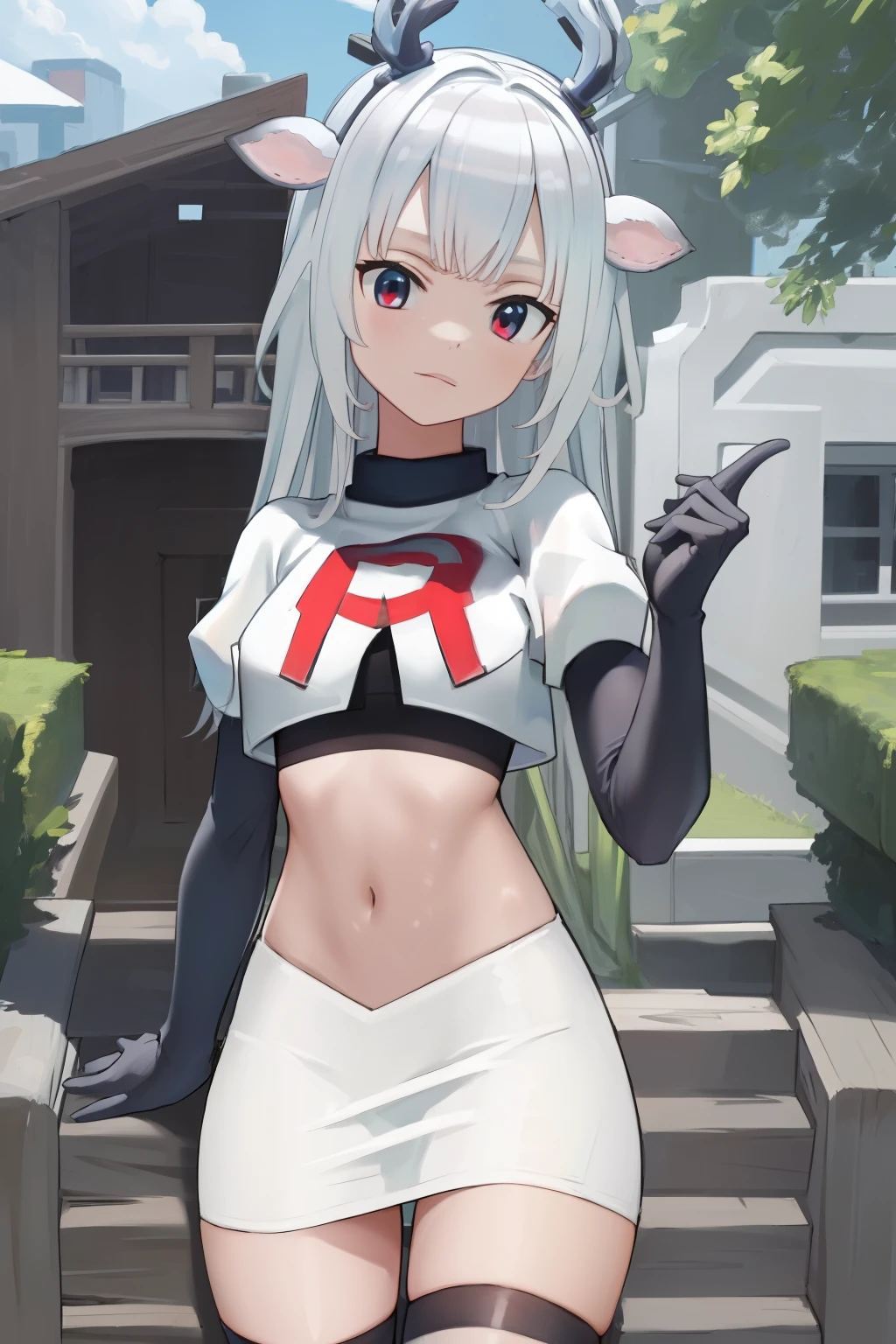 (absurdres, absurd resolution, highres, high resolution, best quality, masterpiece:1.1)
(solo, 1girl)
hakushika iori, antlers, deer ears
outdoors, team rocket,team rocket uniform, red letter R, white skirt,white crop top,black thigh-highs,black elbow gloves